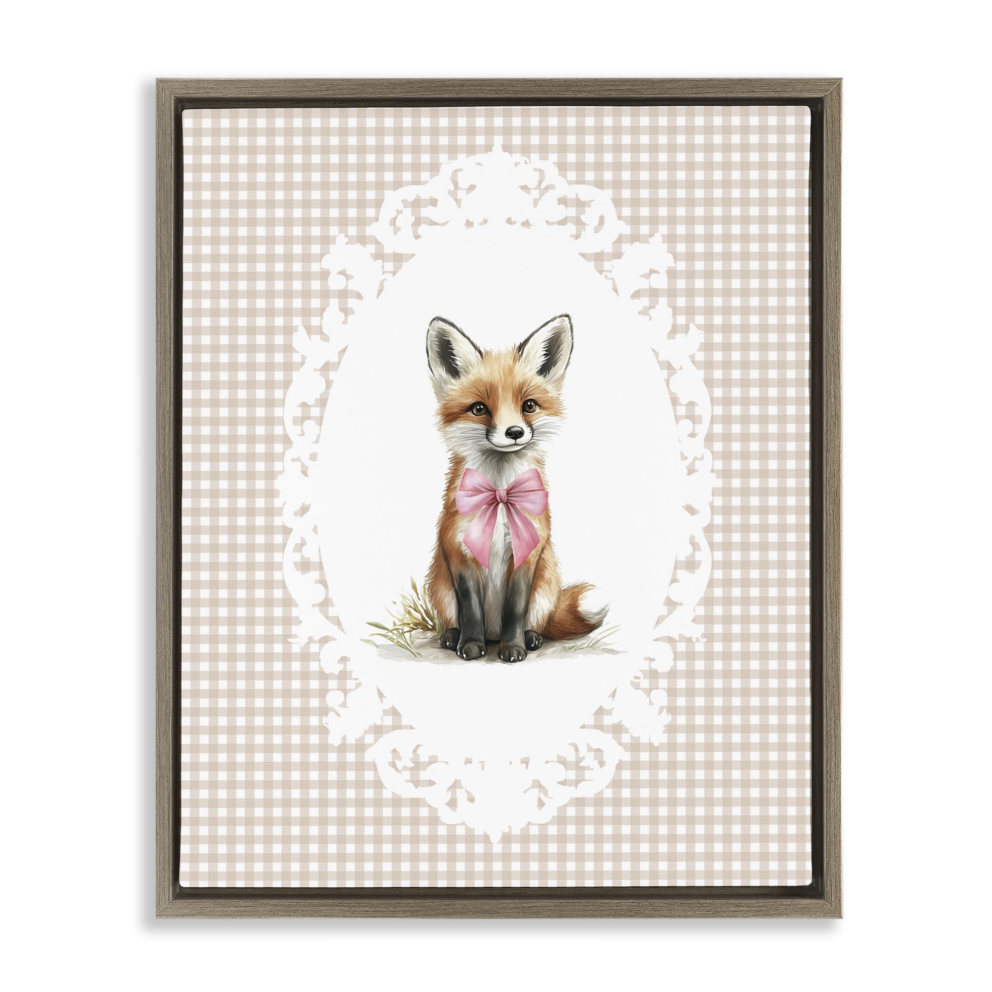 Stupell Industries Vintage Bow Fox Gingham 'Vintage Bow Fox On Gingham', Floating Frame Canvas Art, Brown, 25 X 31 Inches, Easy To Hang And Sturdy, Made In Usa, By Christine Simpson Art