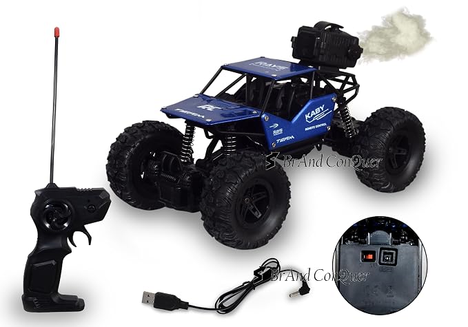 Brand Conquer Remote Control Rock Crawler Mist Smoke Spray Function, High Speed 1:18 RC Car Toys for Boys 2WD Off Road Vehicle Toy Cars for Kids Monster Truck Rock Climbing (Fog Rock Crawler Blue)