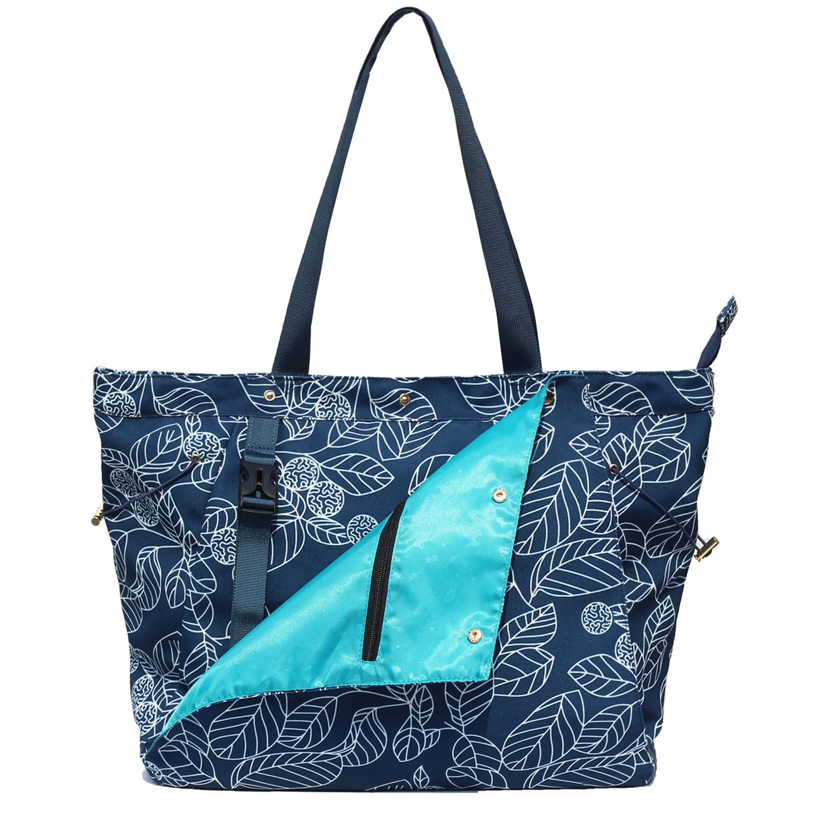 ESVAN Yoga Mat Bag, Gym Bag Tote Bag with Multi Pockets For Women Drawstring Yoga Mat Carrier Pilates Travel Workout Office Canvas Navy Leaf