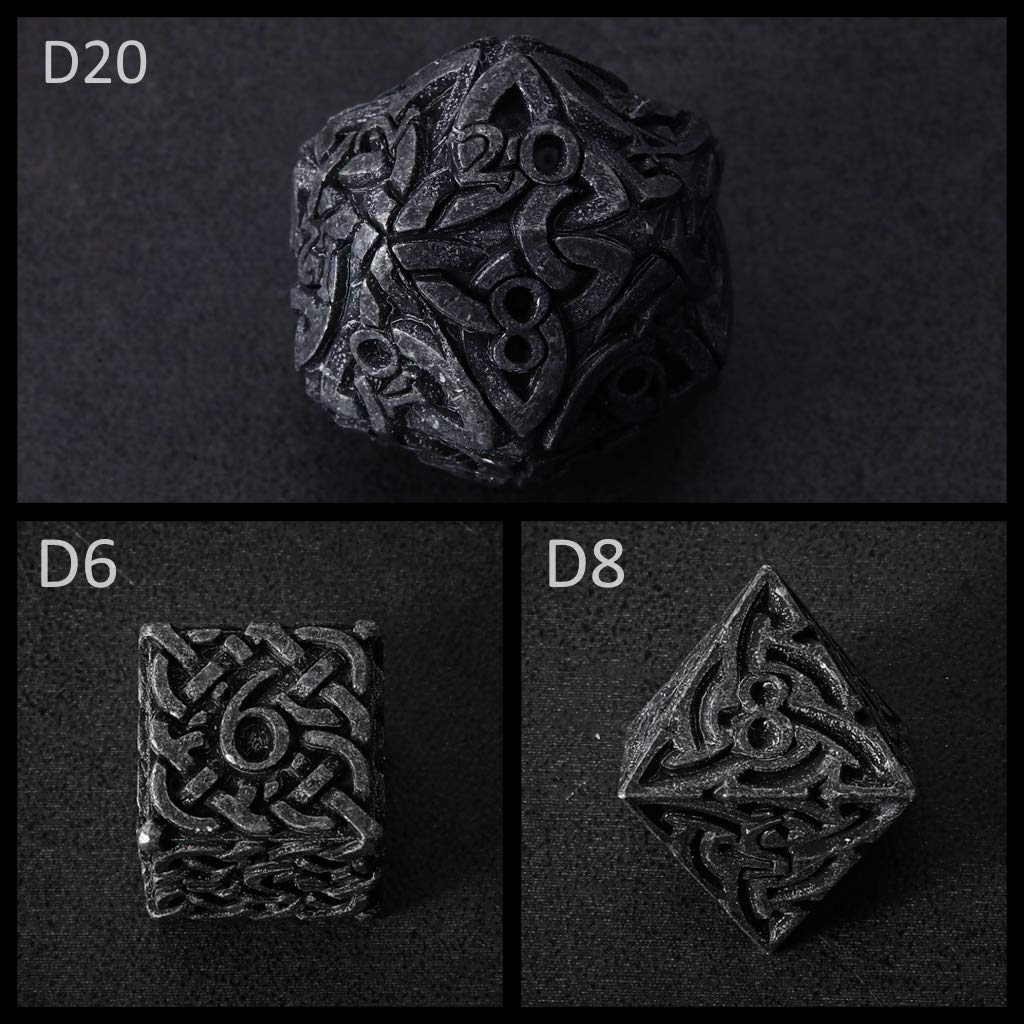 Lot de 7 dés polyédriques noirs ternis en métal avec nœuds celtiques extra lourds pour Donjons et Dragons Call of Cthulhu Pathfinder RPG Dice Rogue Dice Warlock