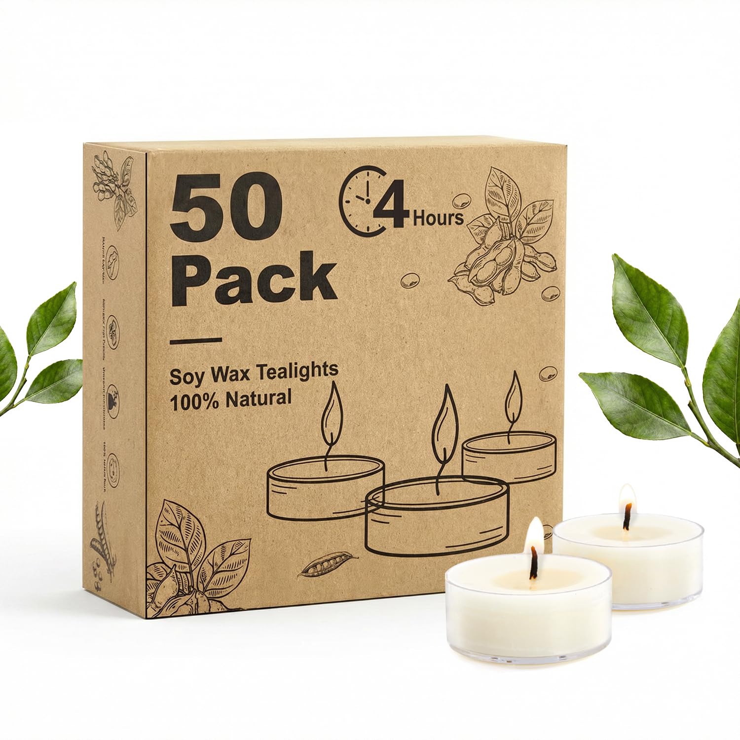 Hypmis 100% Soy Wax Tealight Candles 50 Pack Bulk Natural UnScented Soy Wax Tea Lights[4 Hours Long Burning][Burn Clean] Mini Clear Cup Tea Lite Candles for Wax Melt Warm Tea Coffee Power Outages-image-42