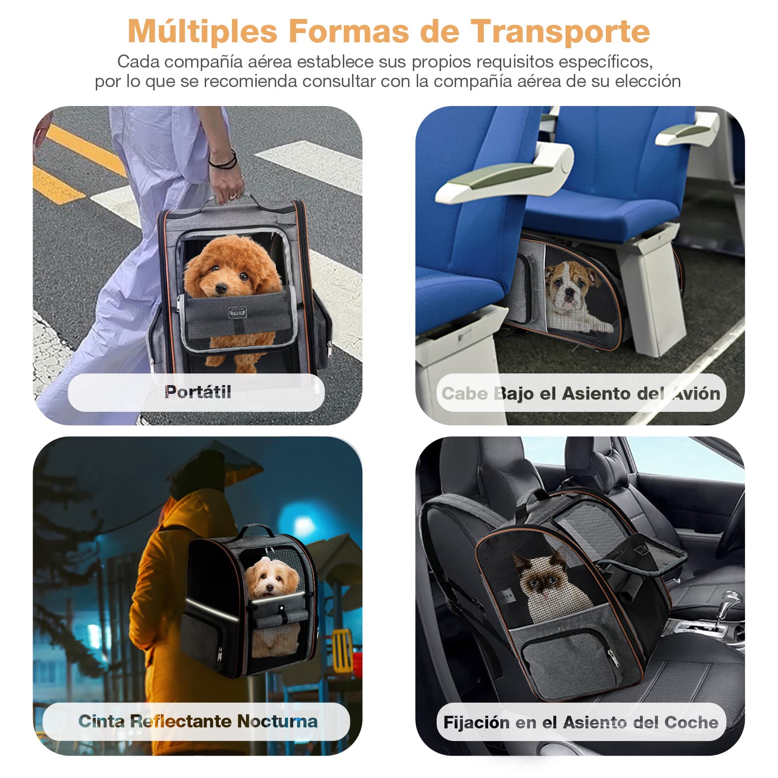 Transportin Gato Extensible con 4 Entradas | Mochila Transpirable - Transportin Perro Pequeño con Arnés Interno - Carga Máxima 8kg - Impermeable - Gris