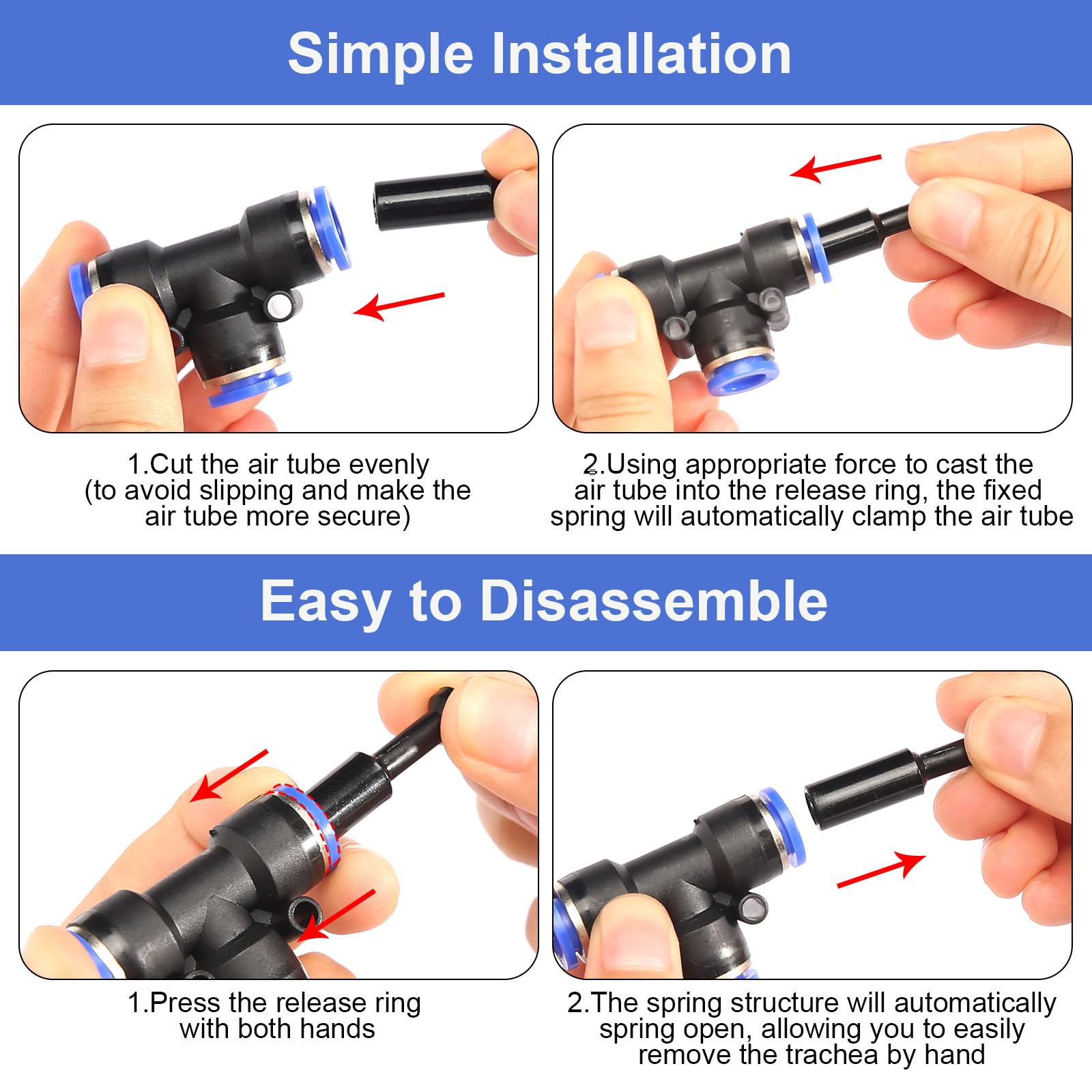 Produktbild von 4er-Set 8 Mm Pneumatik-Schnellstecker Mit Kugelhahn – Absperrventil, T-Stück, Robustes PP & Vernickeltes Kupfer