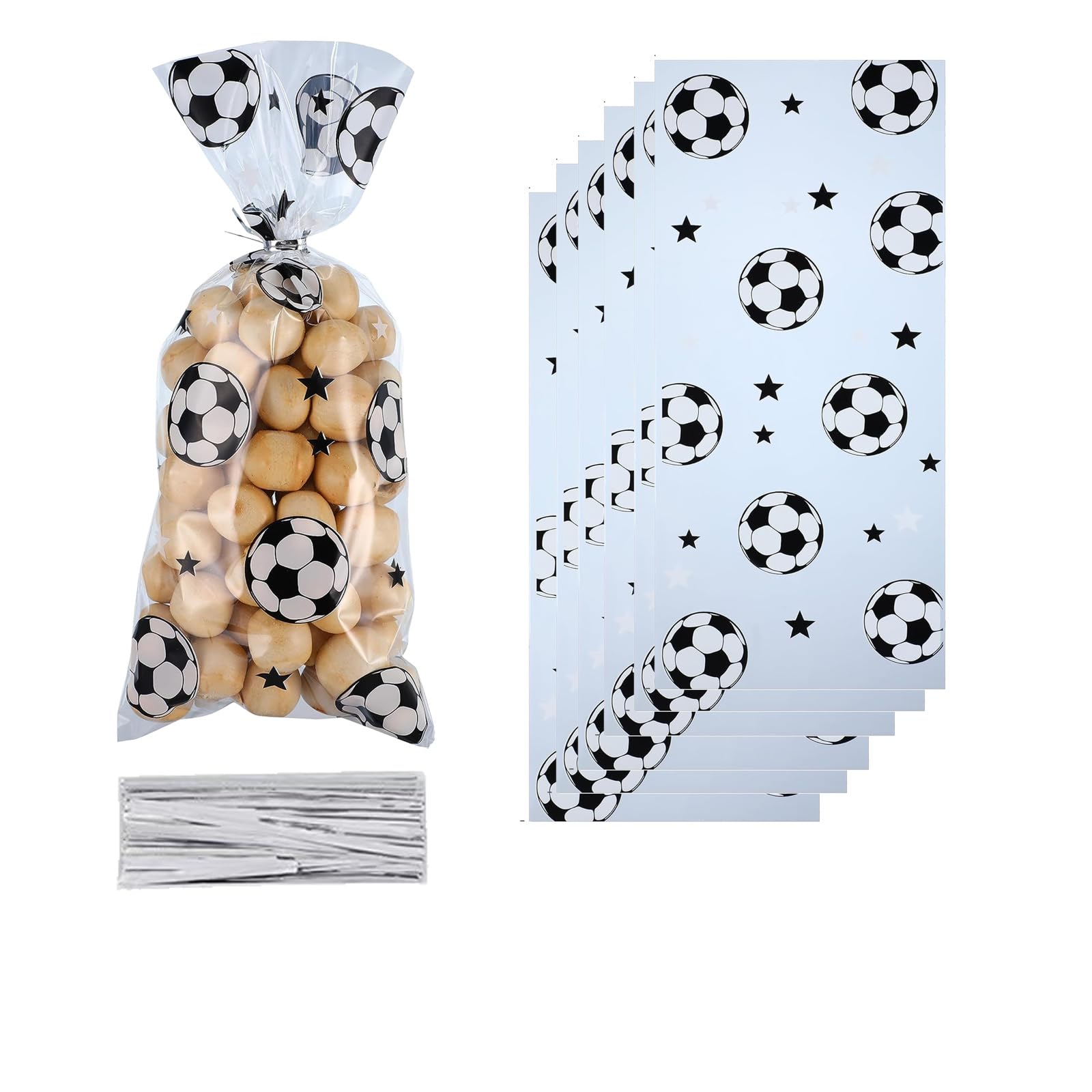 LLK 50PCS Soccer Cellophane Bags for Baby Shower, Candy, Gifts, Treats With 50PCS Twist Ties - Sports Themed Party Supplies for Birthday Boys