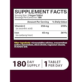 Iron Supplement for Women Men, High Potency Iron 65mg with Vitamin C 250mg, Slow Release Stomach Friendly Iron Pills, Non-GMO, No Gluten, 180 Vegan Tablets