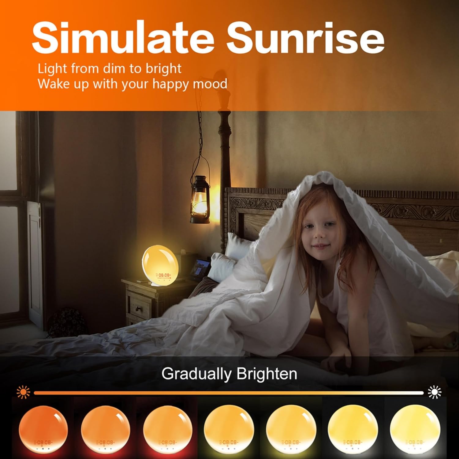 Sunrise Alarm Clock for Kids Heavy Sleepers Adults, Wake Up Light Alarm Clocks for Bedrooms with Dual Alarms, Sunrise Simulation, FM Radio, Sleep Aid, Snooze, 7 Colors, 7 Natural Sounds