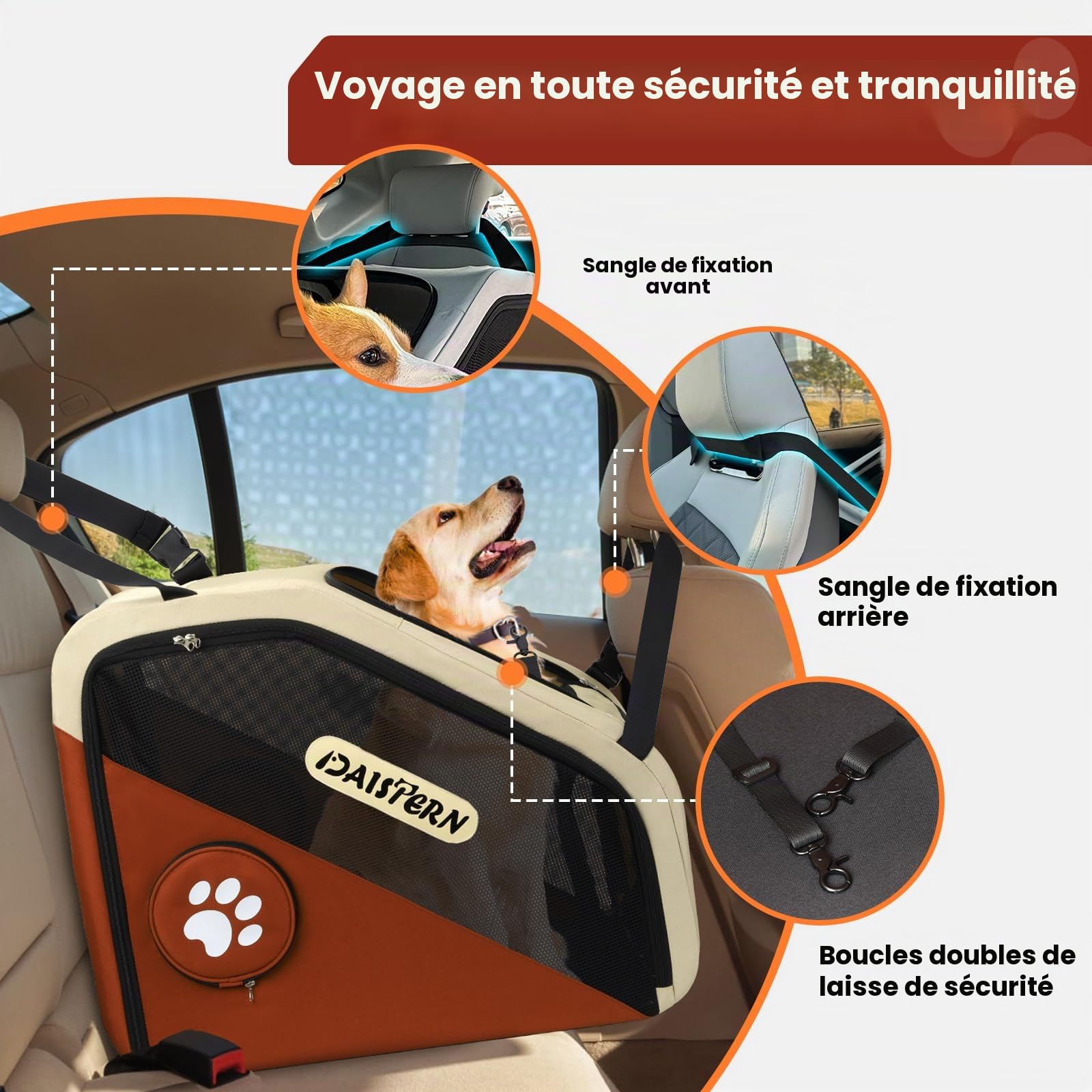 Cage de Transport Chien Pliable pour Voiture, Caisse de Voyage Souple pour Petits et Moyens Chiens, Cadre Métal Robuste, Fenêtres Maille Respirantes, Pliage Rapide, Brun
