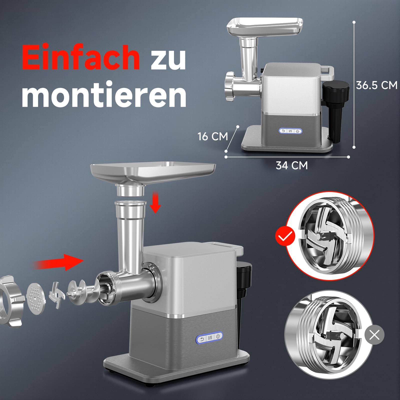 AAOBOSI Leiser Fleischwolf Elektrisch, 3000W Max Mit DC-Motor, Nur 60 dB, Auto-Rücklauf & Verstaubarem Stopfer-3 Geschwindigkeitsstufen, Zum Wolfen, Wurst-Und Kibbe-Herstellen, Für Den Hausgebrauch
