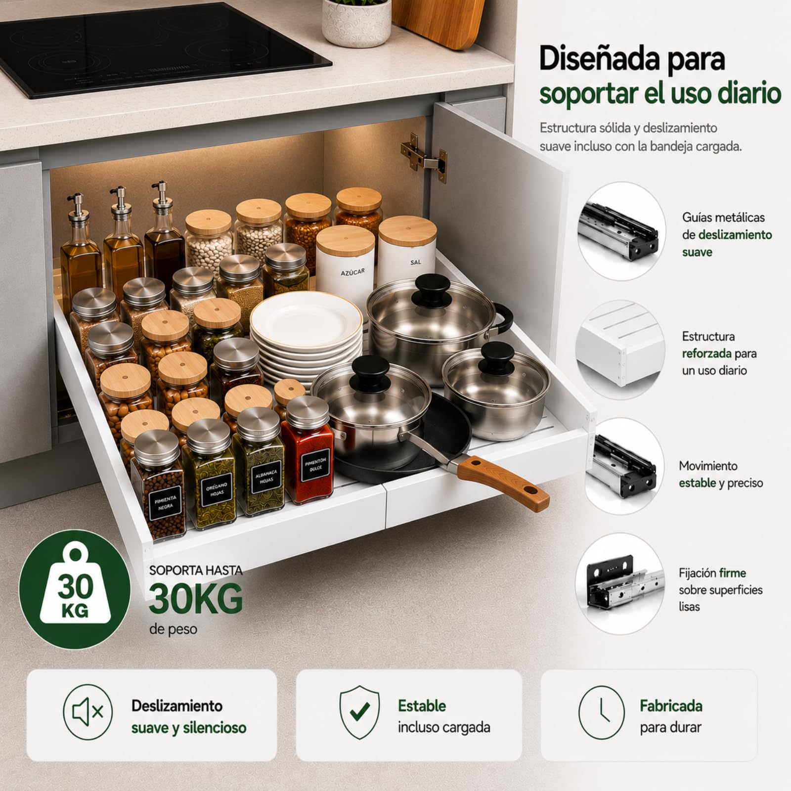Cajones Extraibles para Cocina - Bandeja Extraíble Armario Cocina - Organizador Armario de Ancho Ajustable (32-52 cm) Para Almacenaje y Organizador en Hogar - Sin Taladrar (Blanco 52)