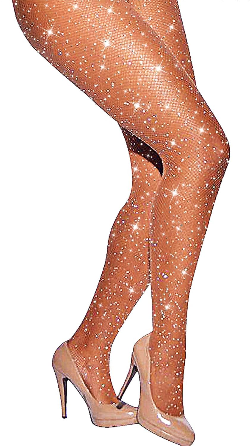 Sexy High Waist Tights Sparkle Rhinestone Fishnets Party Rhinestone Mesh Stockings (Free Size, Natural)