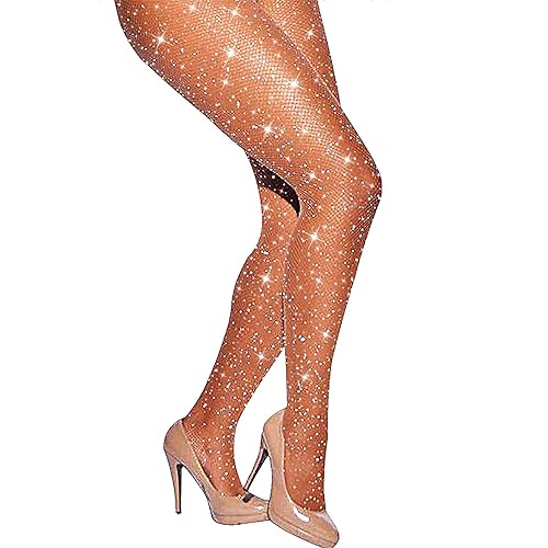LUCKELF Sexy High Waist Tights Sparkle Rhinestone Fishnets Party Rhinestone Mesh Stockings - One Size - Natural