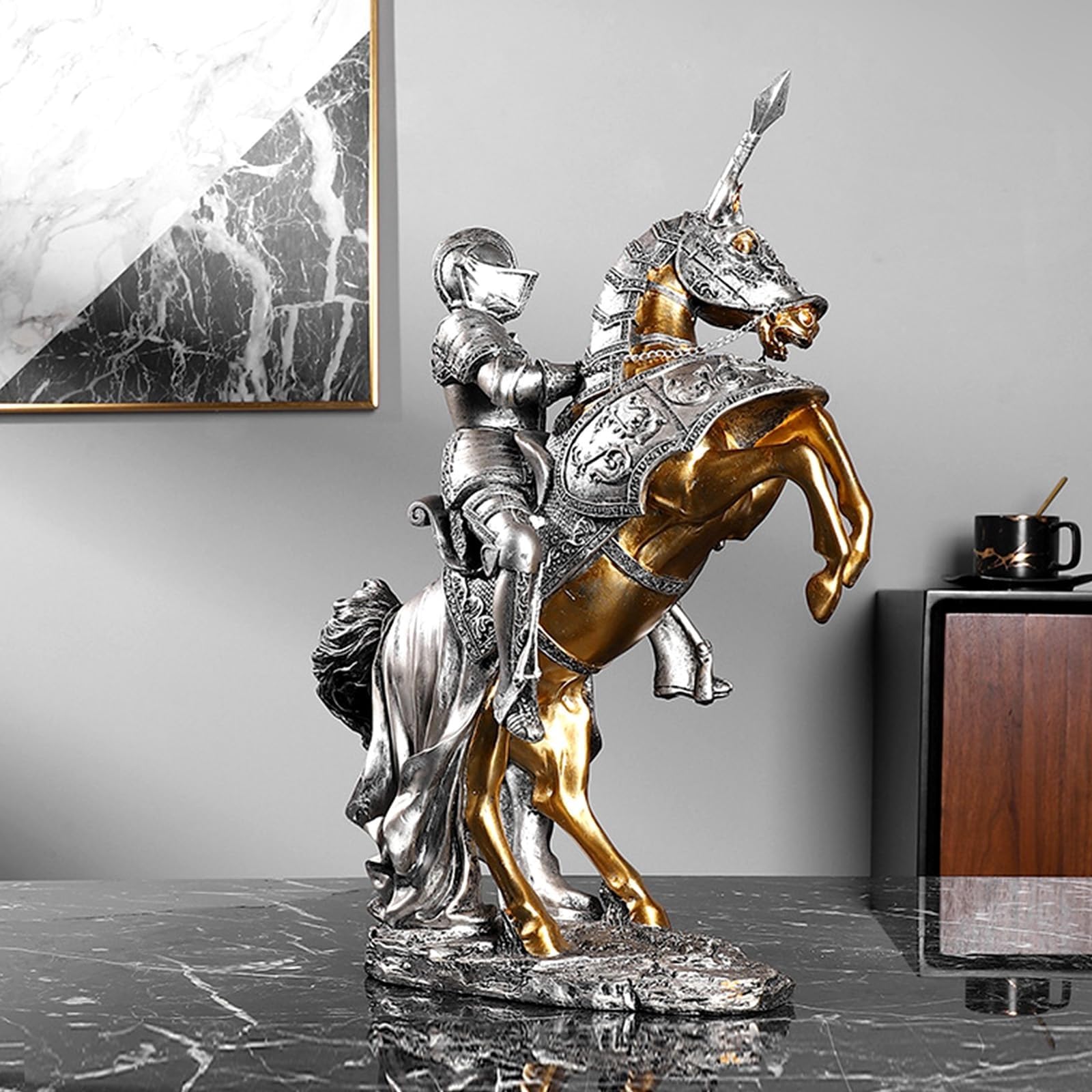 dekoracja biurka artystyczna statuetka rzeźba - rycerz brązowy posąg konia bojowego, 42 cm kolekcja legendarna średniowieczna rzeźba rycerza, szermierz strażnik wojownik wojownik F