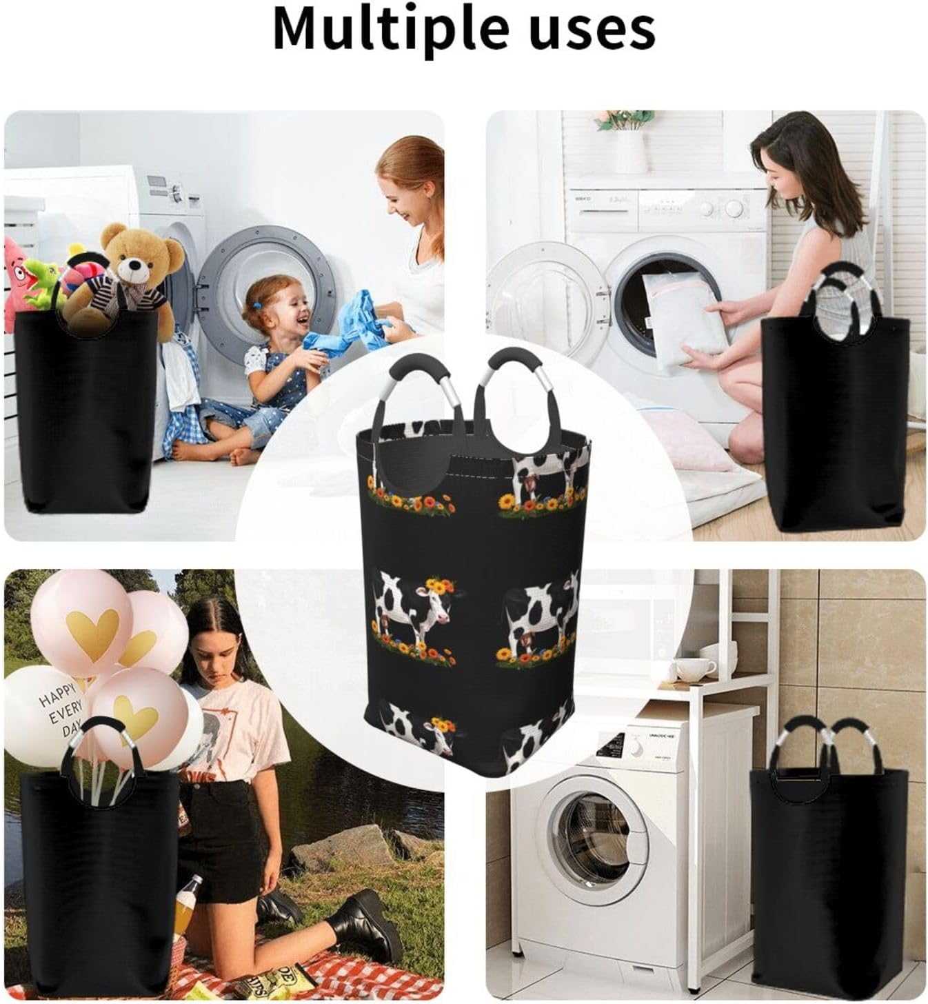 Flower Cow Foldable storage bag, 50L capacity, suitable for laundry room, dormitory bedroom, dirty clothes storage basket.