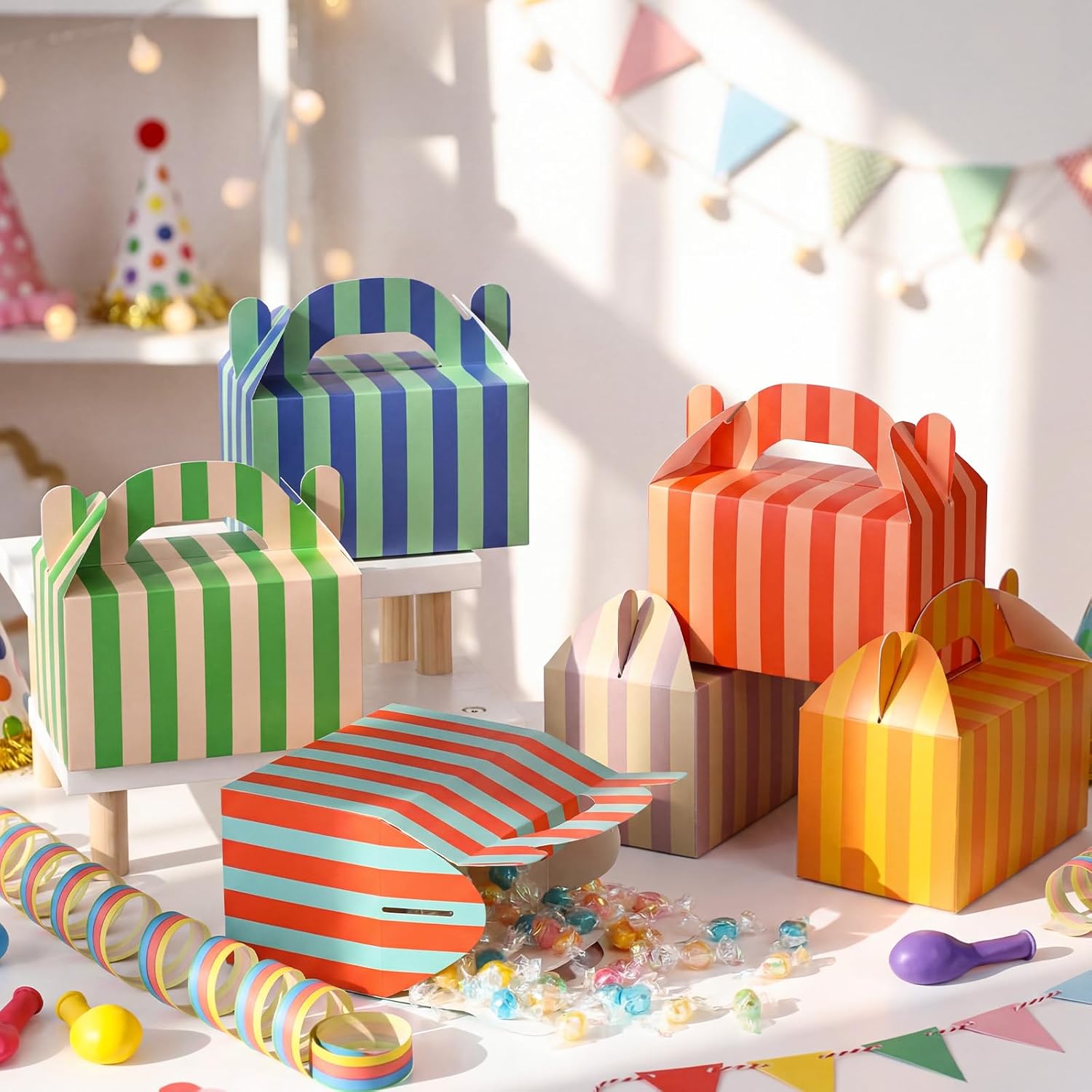 Novabright 24 Pcs Colorful Striped Party Favor Boxes Summer Pool Treat Gable Boxes with Handles Beach Stripe Gift Bags for Wedding Baby Shower Summer Pool Party Supplies