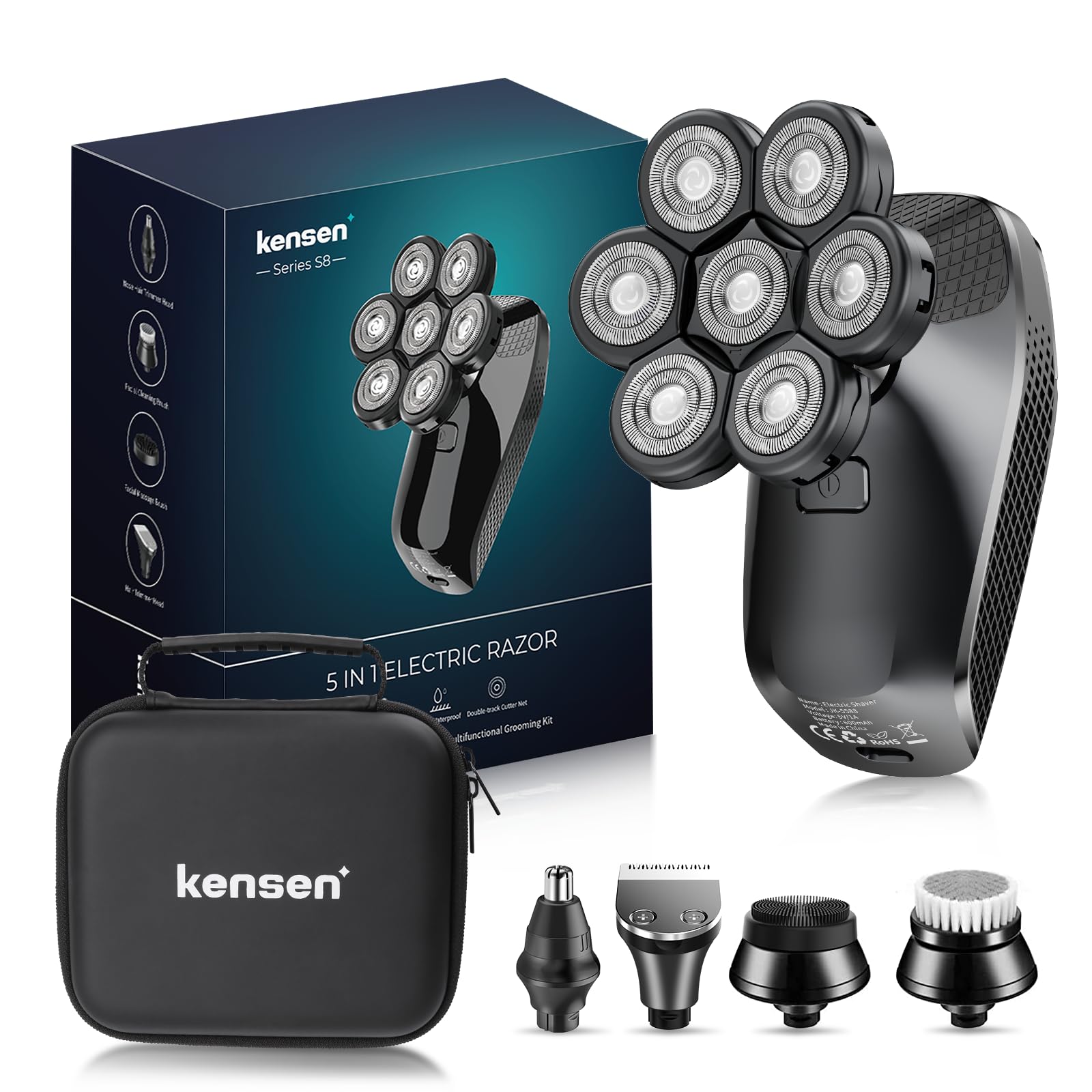 KENSEN Barbeador Elétrico Masculino 5 em 1 – Cabeça Careca 7D, Kit