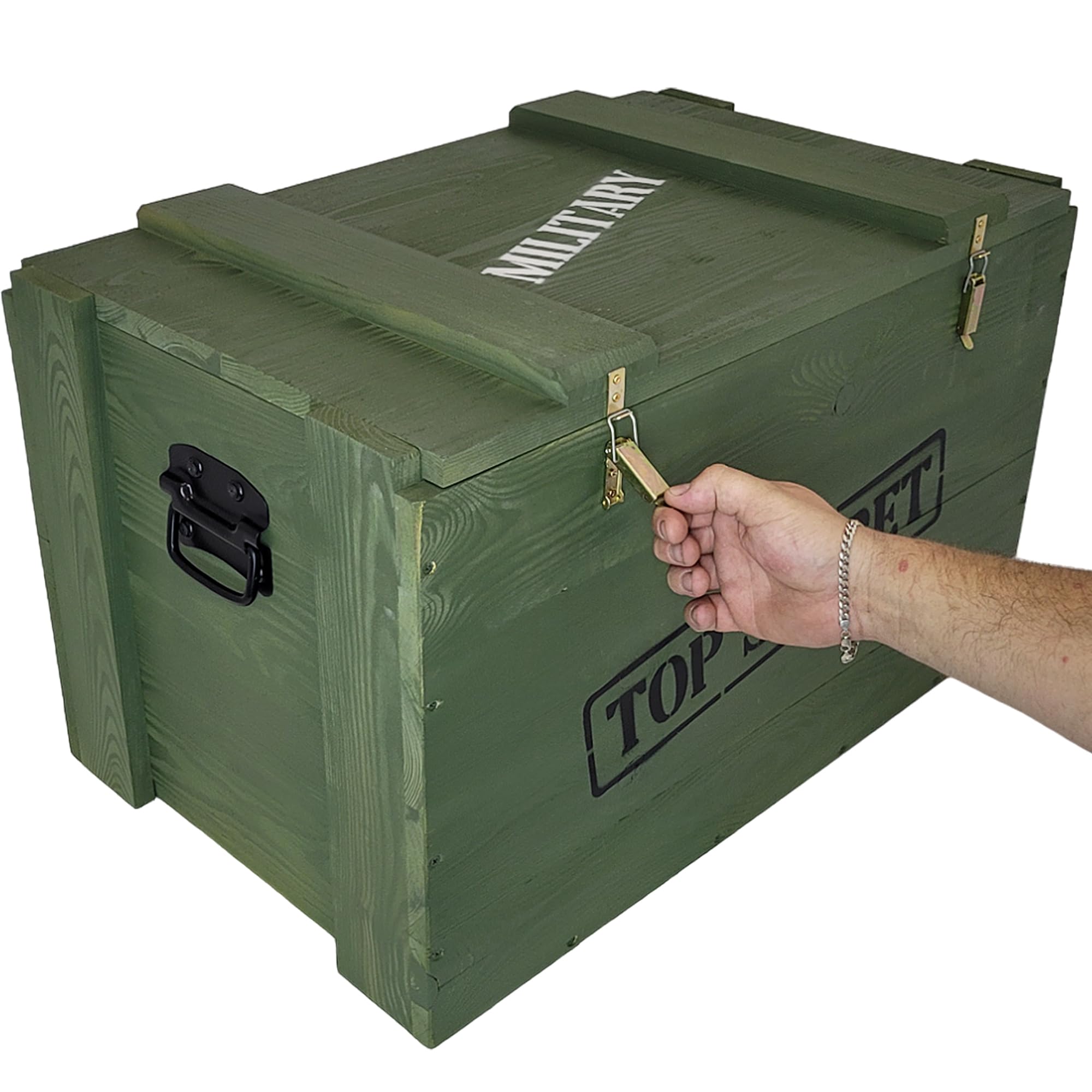 weeco Baúl de madera militar para oficiales, 74 x 47 x 45 cm, caja de almacenamiento militaria, caja de transporte, baúl militar superior secreto, grosor de la pared 1,8 cm