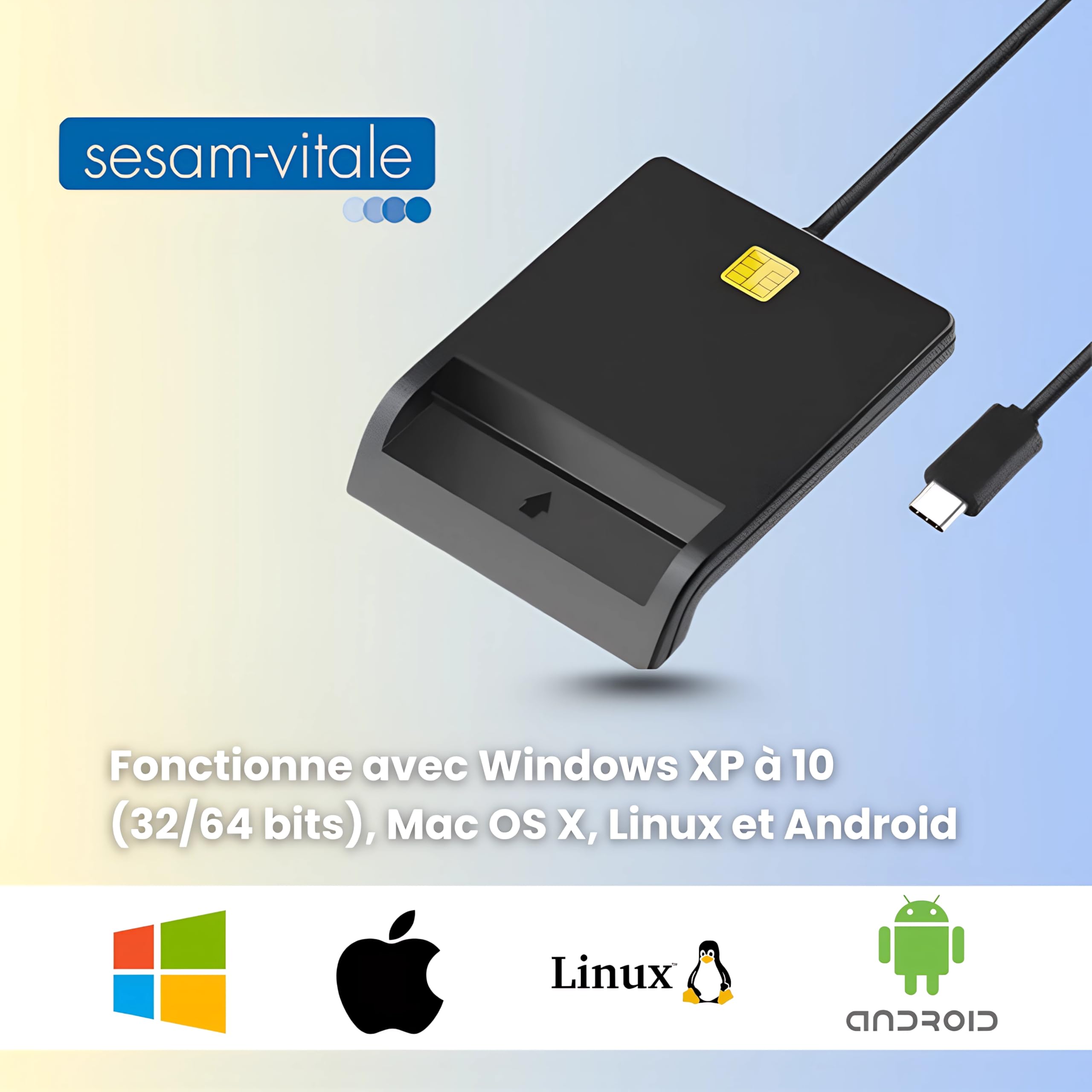 DCR1 Lecteur Carte CPS (Carte Professionnel de santé) PC SC Carte Vitale monofente, Compatible Tout Logiciel Plug and Play - USB A USB C - Compatible Windows/Mac