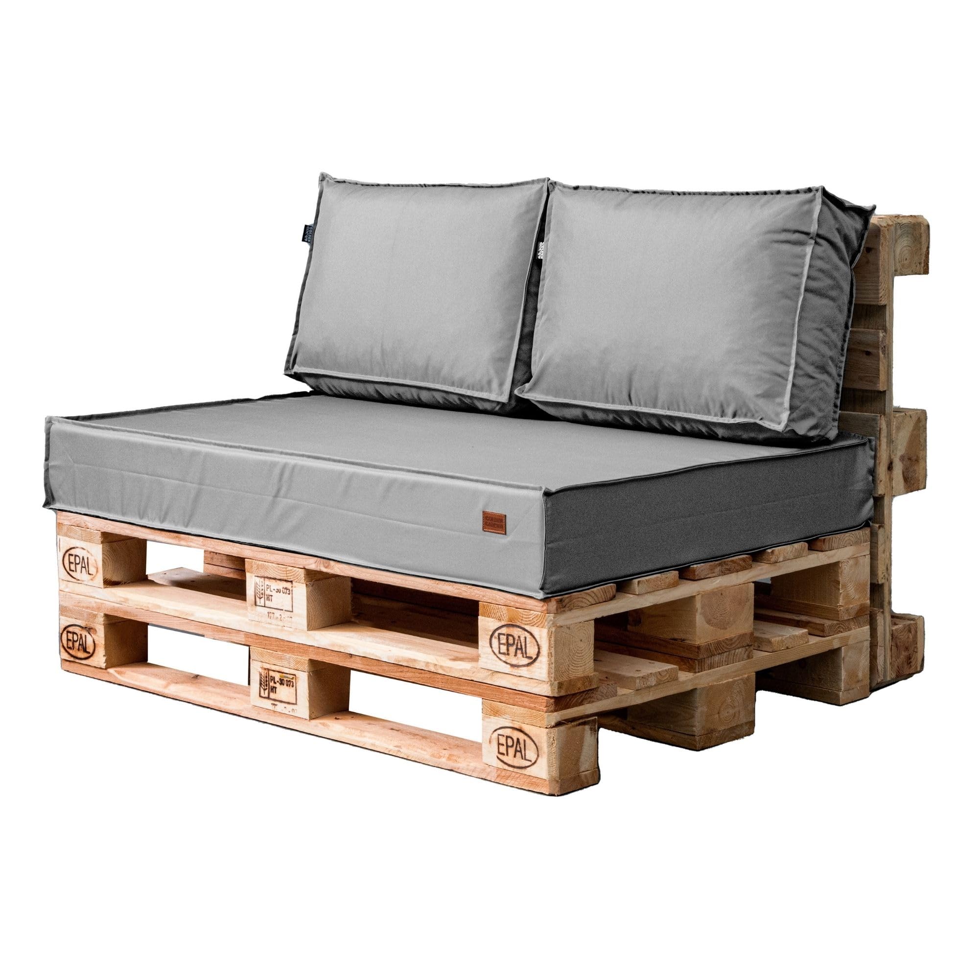 GoldenGroup Gartenset Kissen für Palettenmöbel Grau - Strapazierfähiges Gewebe - Palettenkissen Set Gefüllt mit Schaumgranulat und Schaumstoff - 120x65x15 Sitzkissen - (2X) 60x40x10 Rückenkissen