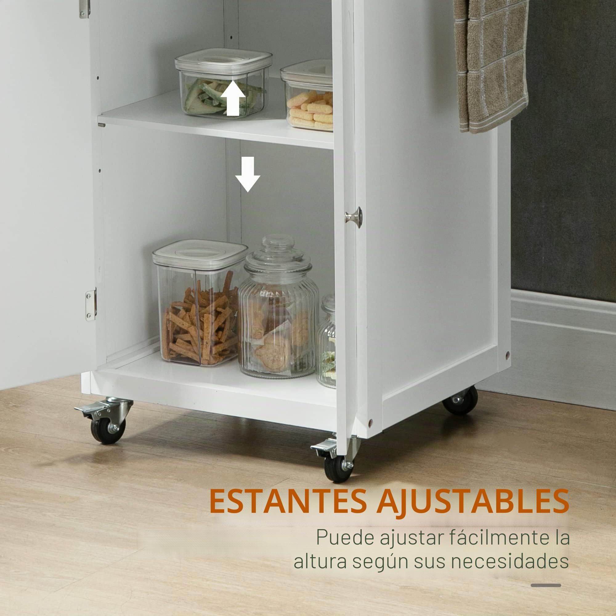 HOMCOM Carro de Servicio de Cocina con Ruedas, multialmacenamiento, 1 cajón Armario 2 Puertas con Estante para paños de Cocina, MDF, Color Blanco