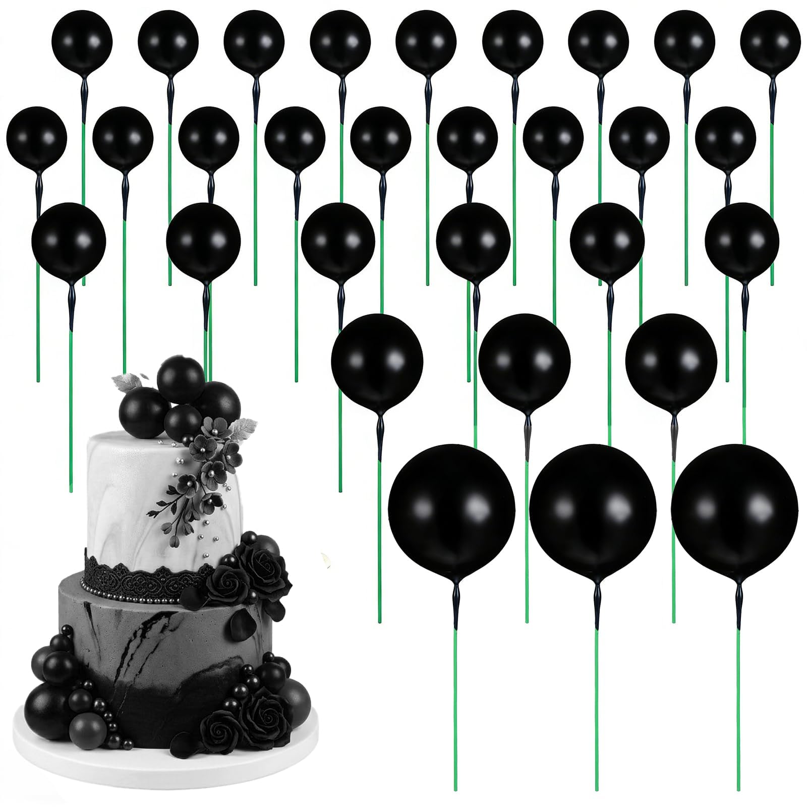 30 Pcs Ball Cake Toppers Black Cake Balls Cupcake Topper Multiple Sizes Cake Balls Decorations Foam Ball Shaped Cake Picks For Wedding Enagement Baby Shower Birthday Party Anniversary Supplies