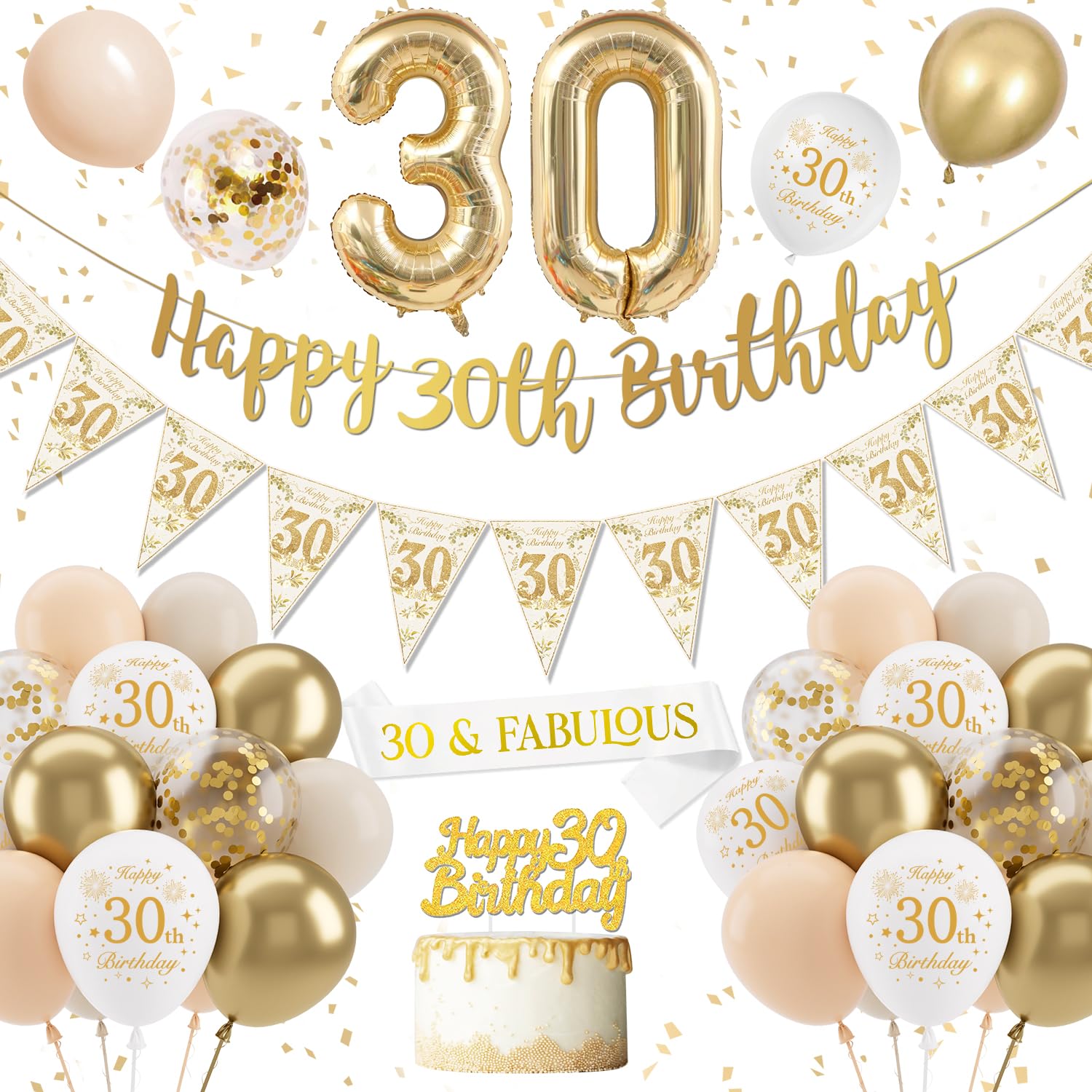 Decoracion 30 Cumpleaños Mujer, Globos 30 Cumpleaños Dorado Blanco, 30 Años Decoracion Cumpleaños, Pancarta De Feliz Cumpleaños, Numero 30 Globo Cumpleaños para Decoracion Cumpleaños Mujer
