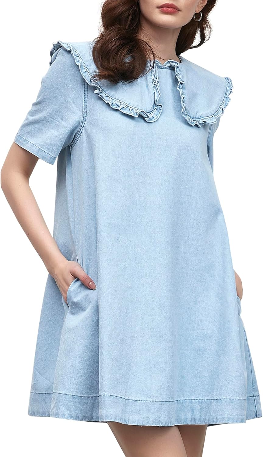 Kedera Womens Denim Mini Dress 2025 Peter Pan Collar Short Sleeve Casual Summer Babydoll Jean Dress with Pockets