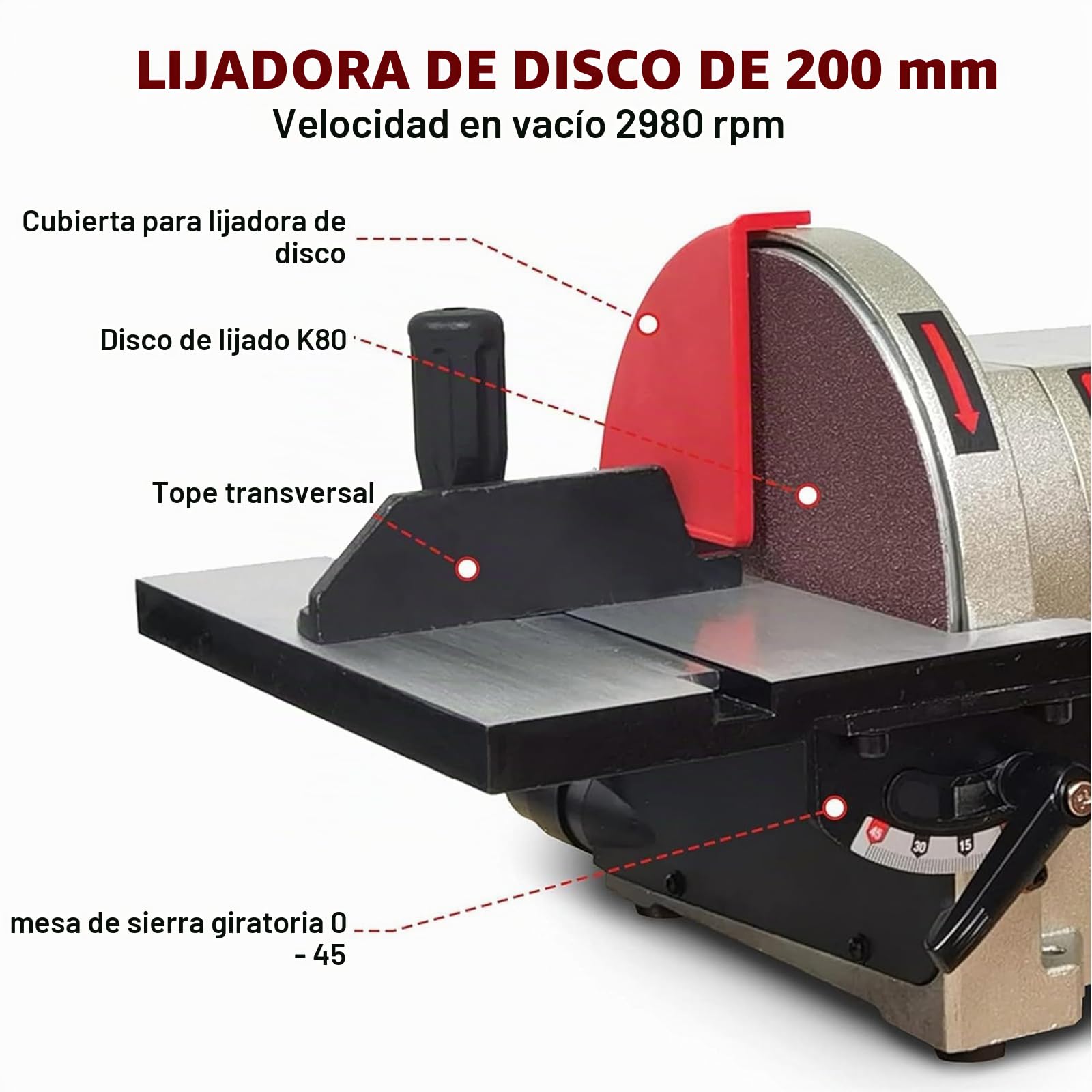 BUCKTOOL Lijadora de banda de 500W con accesorios | Lijadora de banda de lijado 9,2 m/s, velocidad de rotación del disco abrasivo 2980 rev/min | muela Ø 200mm