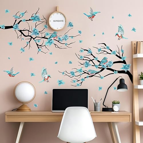 Miniatura 6 de Amaonm - Calcomanías de pared removibles de PVC para acuarela, flores azules, despegar y pegar, rama de árbol negro con pájaro y mariposa, adhesivo