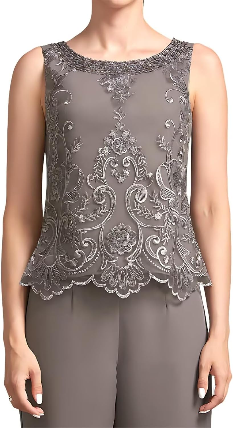Lace Mother of The Bride Pant Suits for Wedding with Jacket 3 Pieces Chiffon Formal Outfit Suits with 3/4 Sleeve