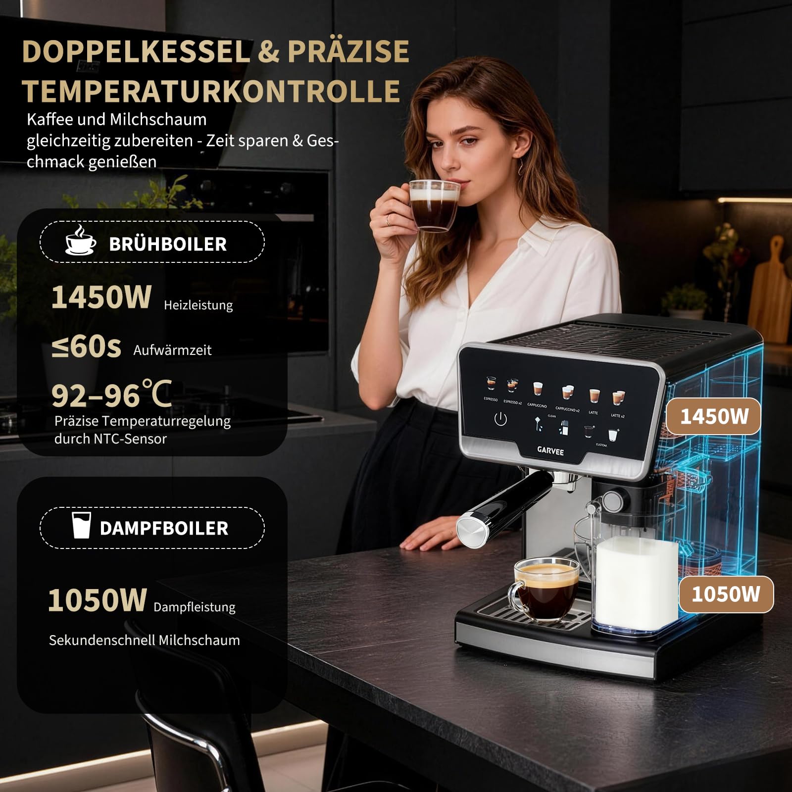 Máquina portafiltro 20 bar 1450 W, doble caldera, espumador de leche automático y autolimpieza, máquina de café espresso con depósito de agua de 2 litros, depósito de leche de 500 ml, 6 programas +