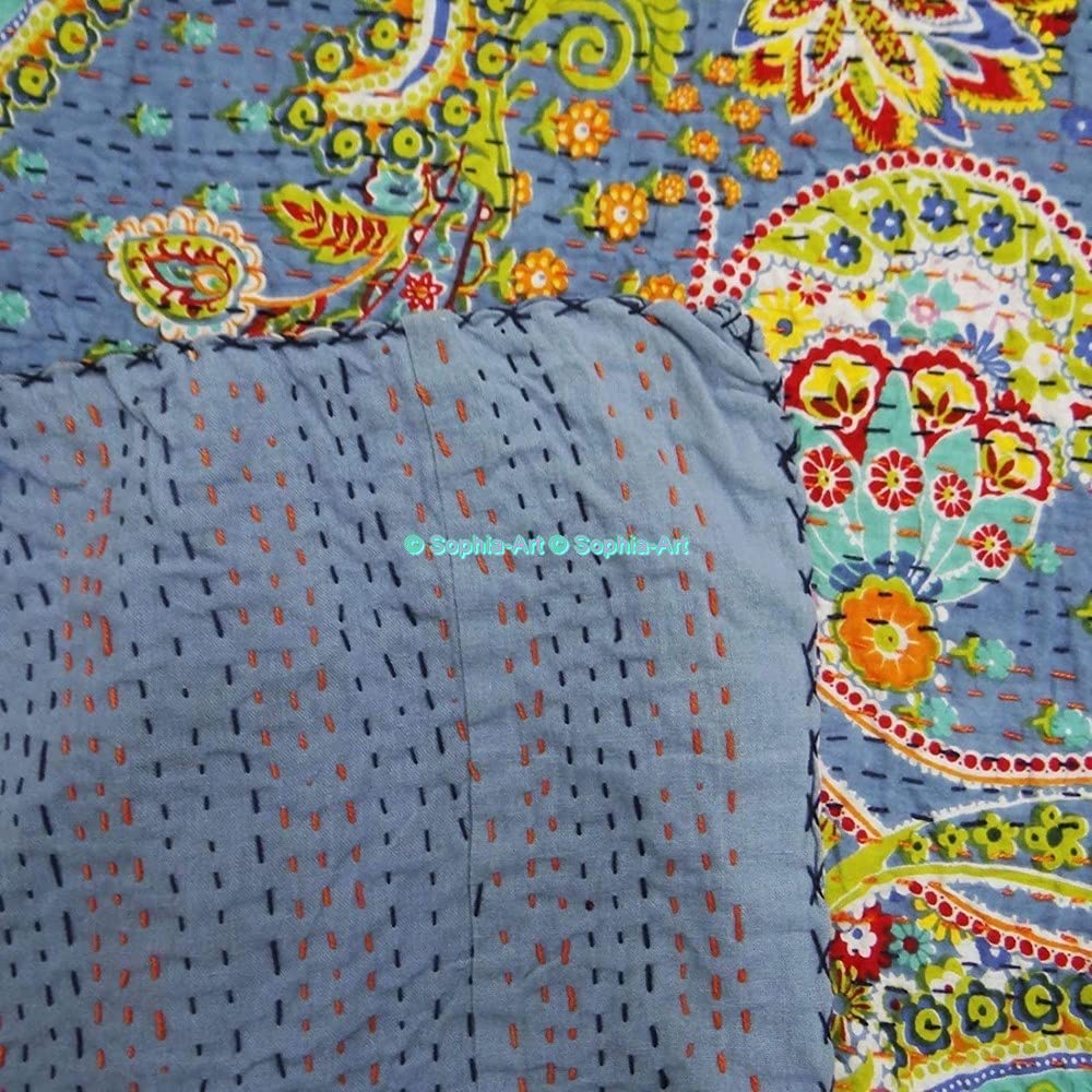 Trapunta Kantha Indiana Fatta A Mano In Cotone: Giallo Paisley, Taglia Queen (228x274 Cm) - 2