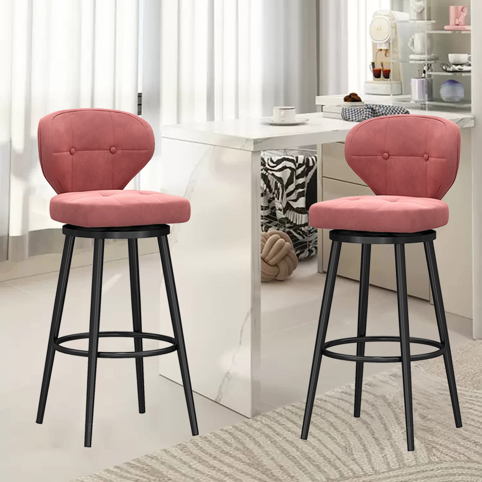 LUUYYI Moderno sgabello da bar girevole in velluto bianco con schienale basso e gambe in metallo nero, altezza da banco, sedia da cucina per la colazione a casa, set da 1 (rosa, 4 pezzi)