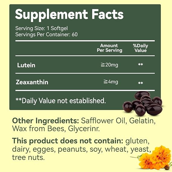 Lutein for Eyes, Lutein 20mg, Lutein and Zeaxanthin Supplements, Eye Supplements, Eyestrain Relief & Support Vision Health, Vegan, 60 Softgels (Pack of 2)