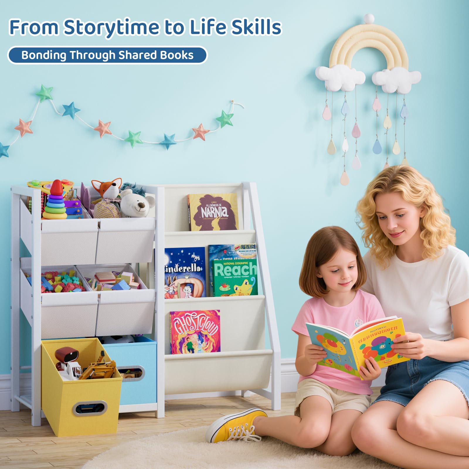 HAVLOTII Montessori - Libreria per bambini, con 3 scomparti, per la cameretta dei bambini, piccola libreria con 6 contenitori per giocattoli, espositore per libri Montessori