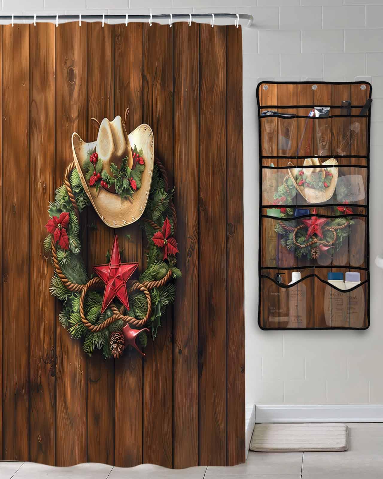 Decorative Shower Curtain Sets Christmas Cowboy Garland Fabric Waterproof Shower Curtains Winter Xmas Berry Brown Wooden Grain Mesh