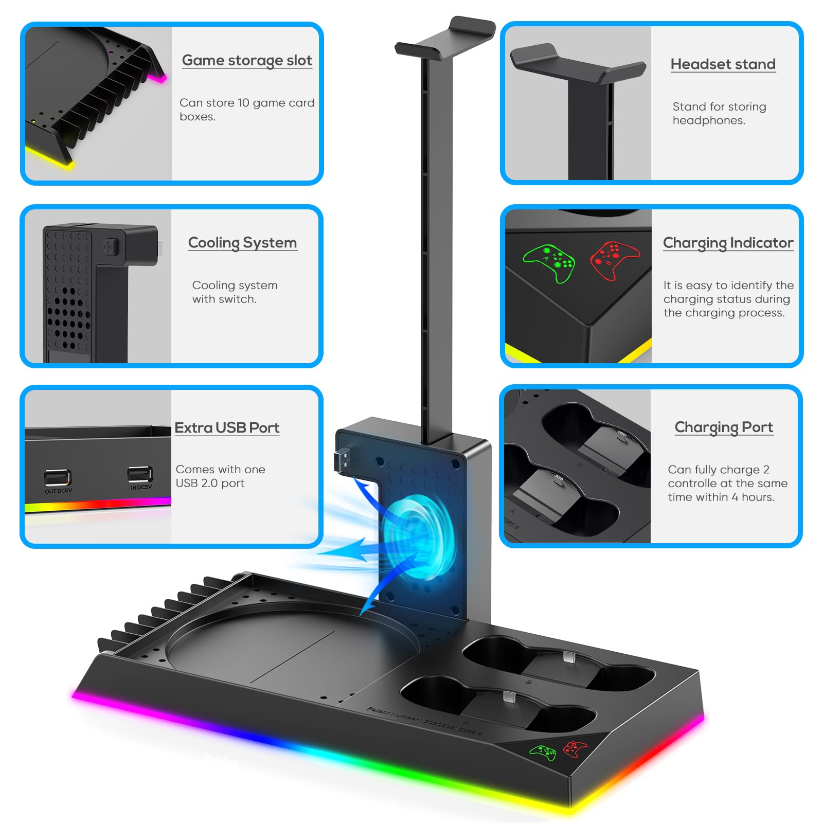 FYOUNG Soporte de refrigeración y estación de Carga mejorados para Consola Xbox Series X y Controlador, Sistema de refrigeración de Ventilador con 15 Luces RGB y 2 baterías Recargables de 1400 mAh