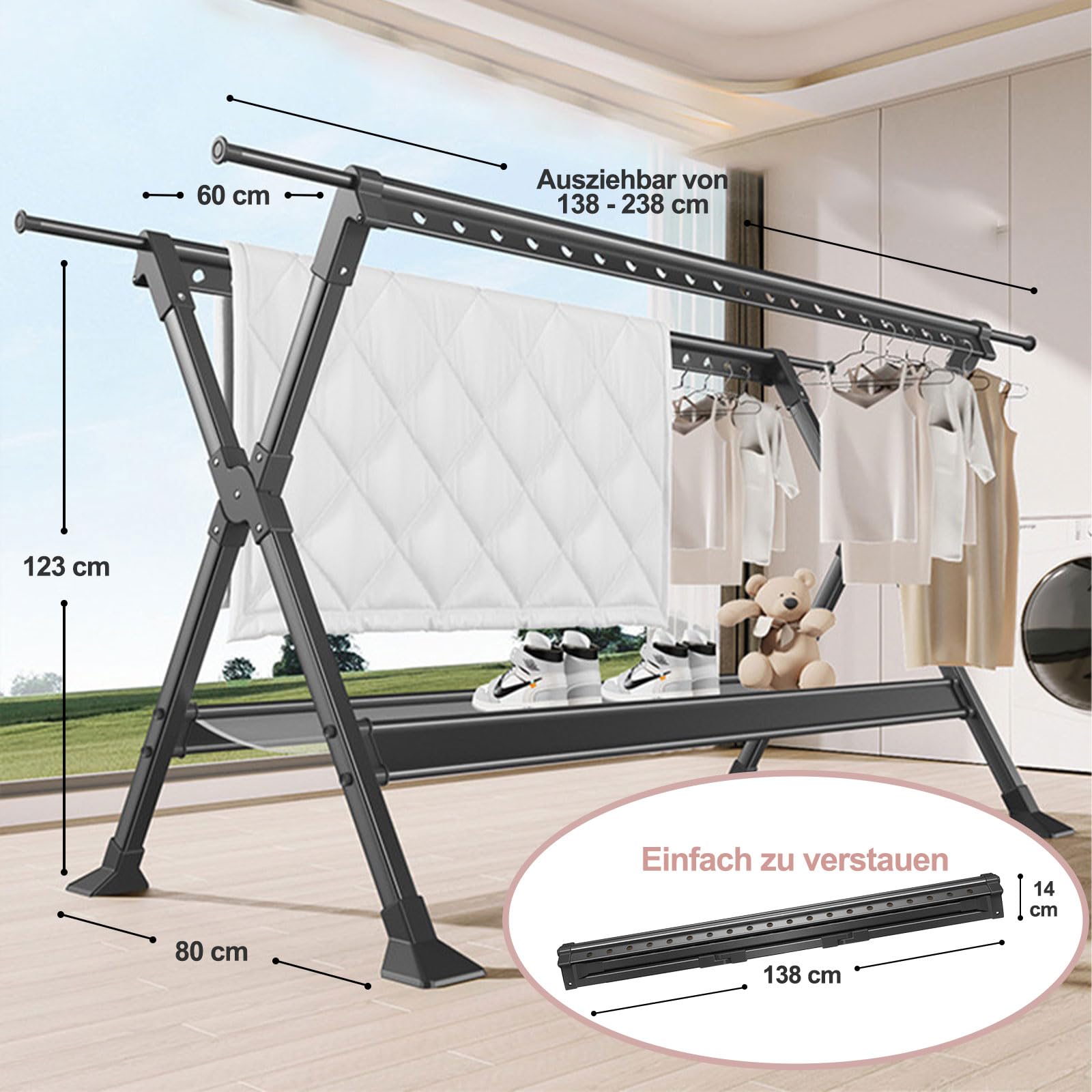 Wäscheständer Ausziehbar, Aluminium-Wäschespinne Camping, Faltbarer Kleiderbügel, Verstellbarer Kleiderständer für Waschküche, Schlafzimmer, Wäscheständer Balkon, Schwarz