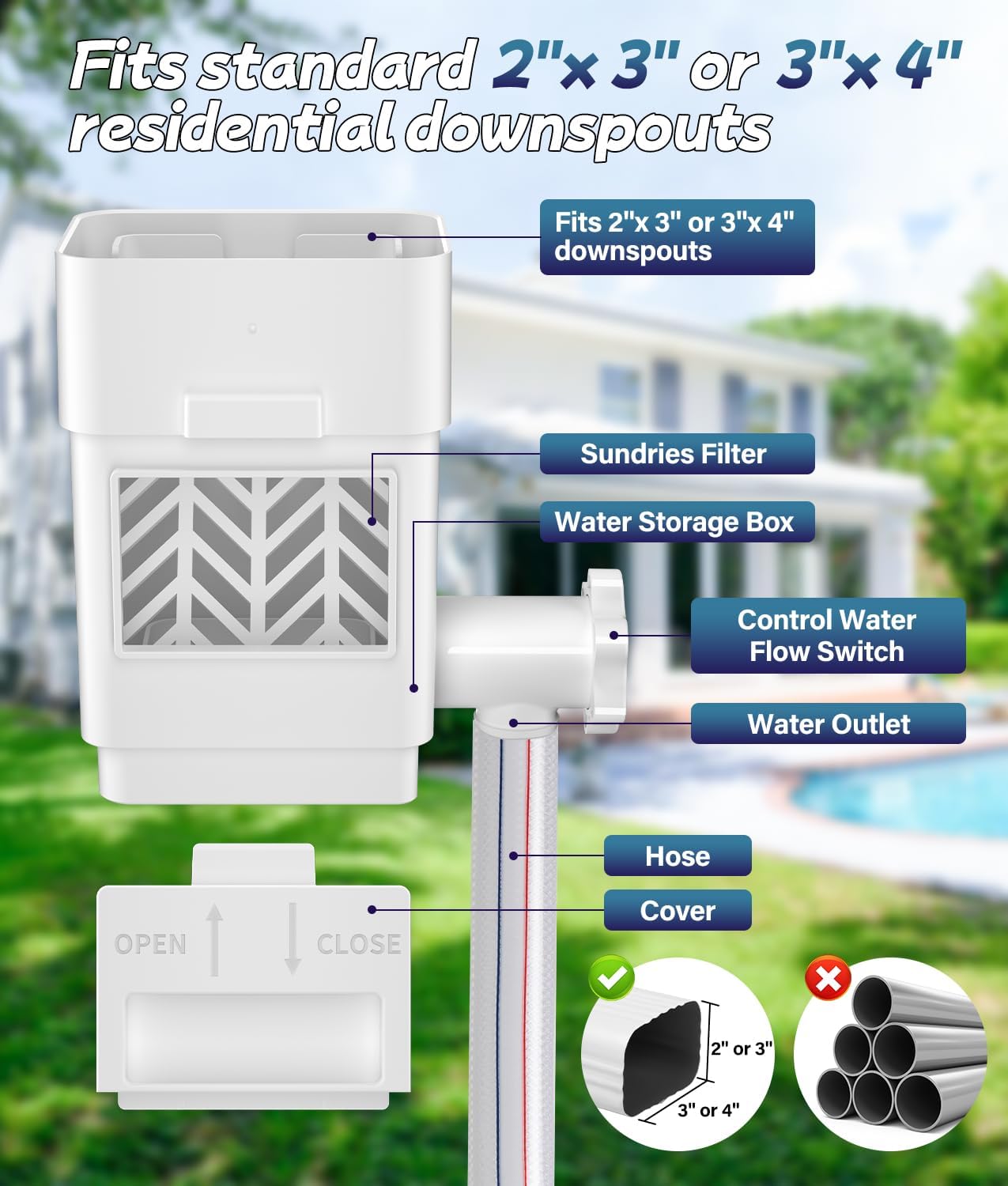 2026 Upgraded Rain Barrel Diverter Kit, Rainwater Collection System with Built-in Filter Screen, Fits 2x3 or 3x4 inch Standard Downspout, Includes 3/4’’ GHT Rain Barrel Spigot, 39.37’’ Hose, White