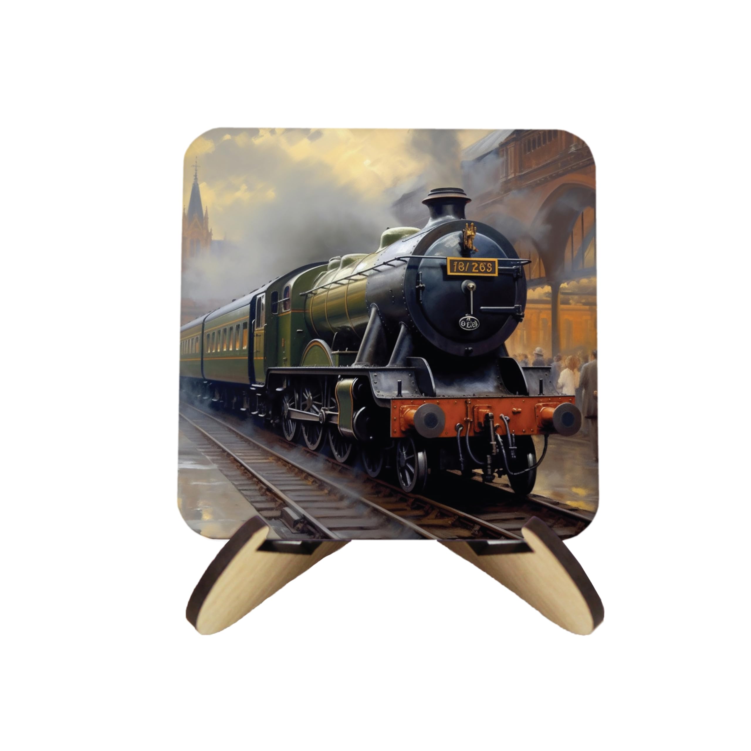 Steam Trains Cork Coaster Set - Square Assorted Steam Train Locomotives - Set of Four (4) Drinks Coasters & Wood-Effect Stand