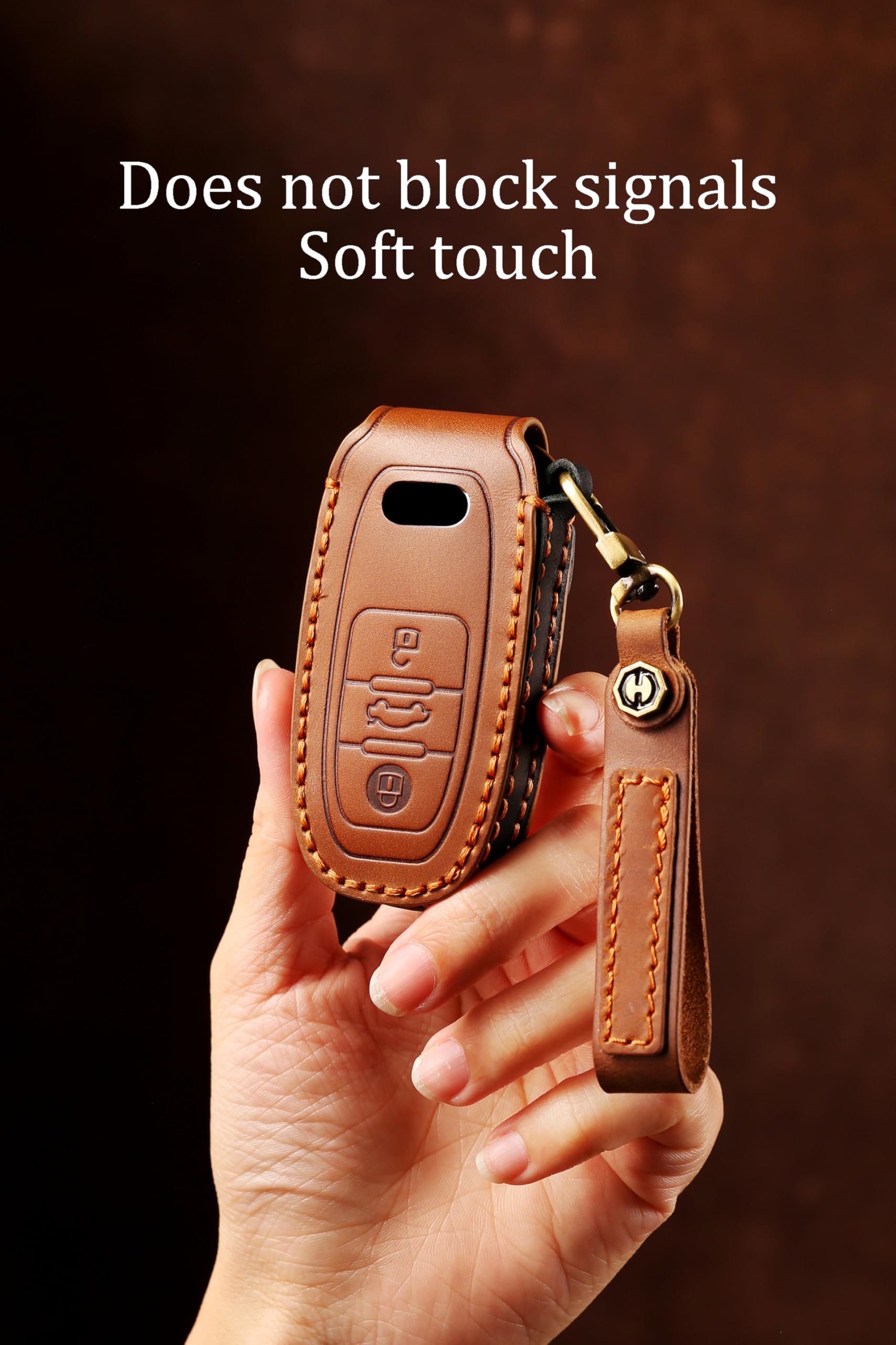 HIBEYO Leather Car Key Case Fits Audi A4 8K A5 8T 8F A6 A7 R8 Q5 8R A8 C5 C6 C7 FV TT TTS TTRS RS6 4F 4 Key Case Cover Protective Remote Key Box with Key Ring Brown - Image 3