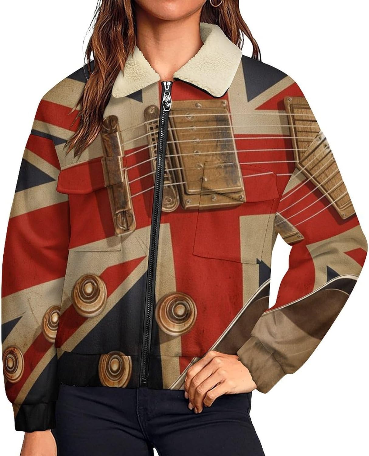 Women's Full Zip Soft Polar Fleece Jacket, Guitar National Flag Printed Coat, Long Sleeve Comfortable Outerwear