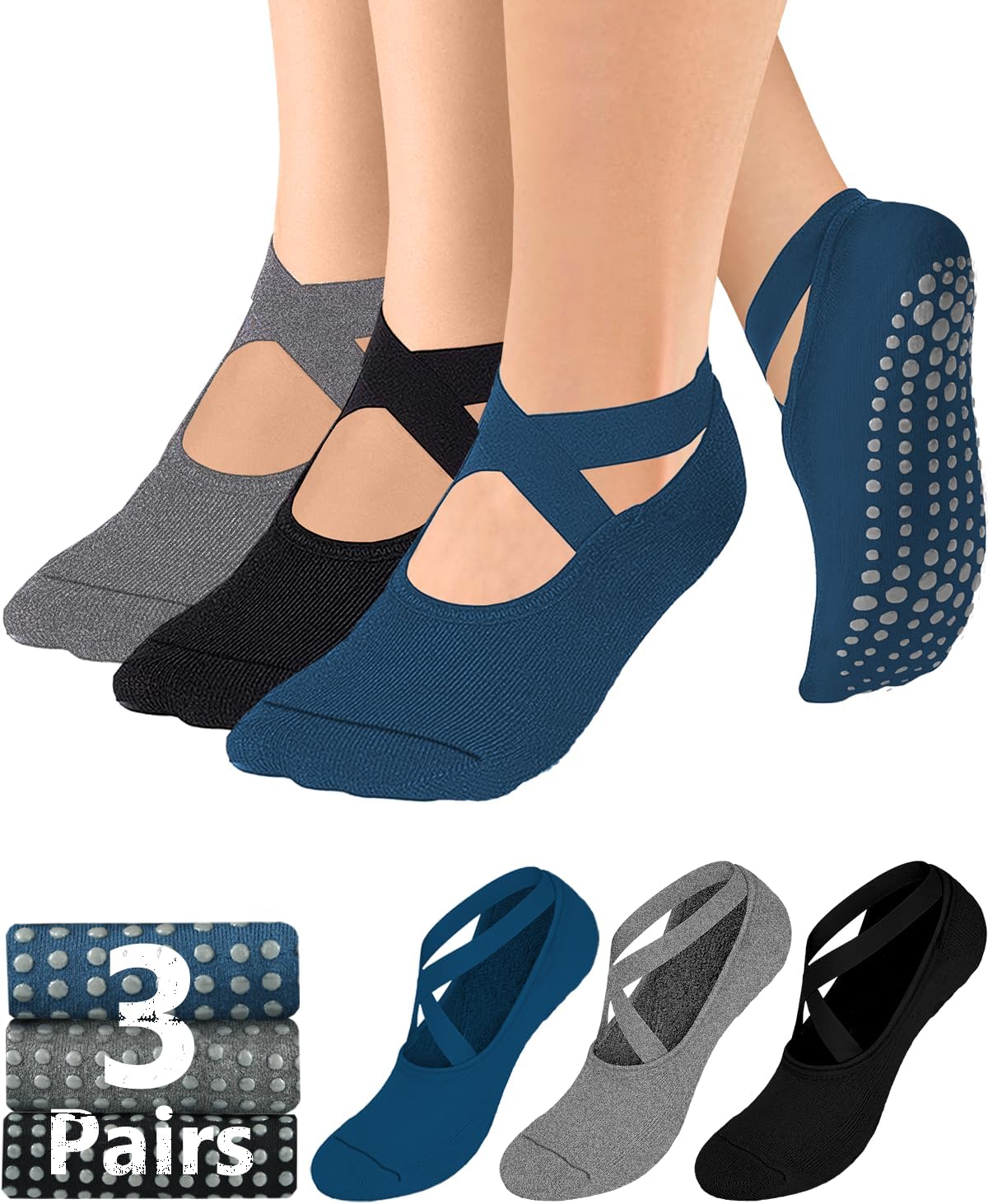 AURUZAPilates Grip Socks for Women Non Slip Skid Yoga Socks with Grips Straps for Ballet Dance Workout Gripper Socks