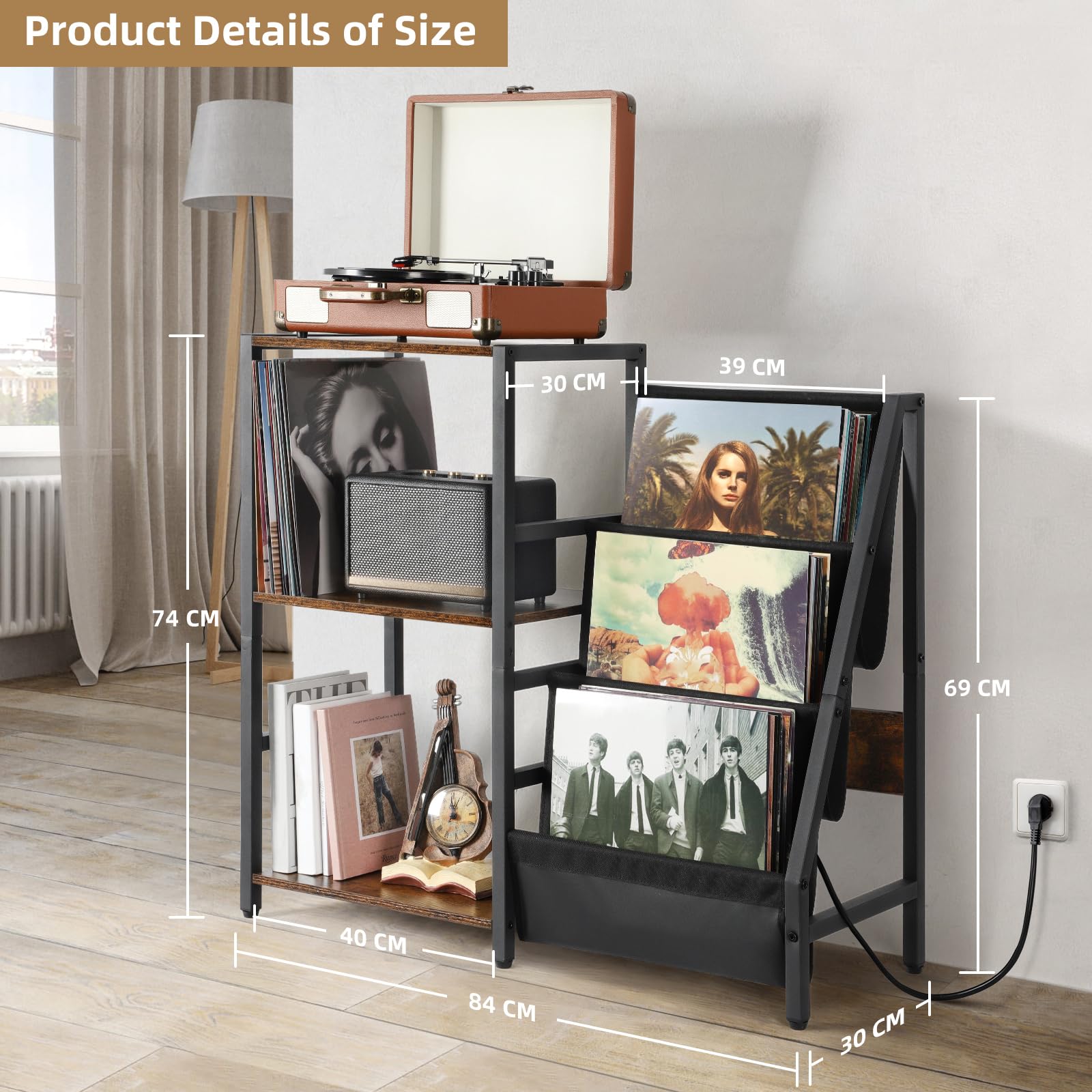 Bikoney Meuble Platine Vinyle avec Prise de Courant, Table d’Appoint à 3 Niveaux pour Tourne-Disque et Rangement jusqu’à 200 Albums, Support Design pour Disques et Salon