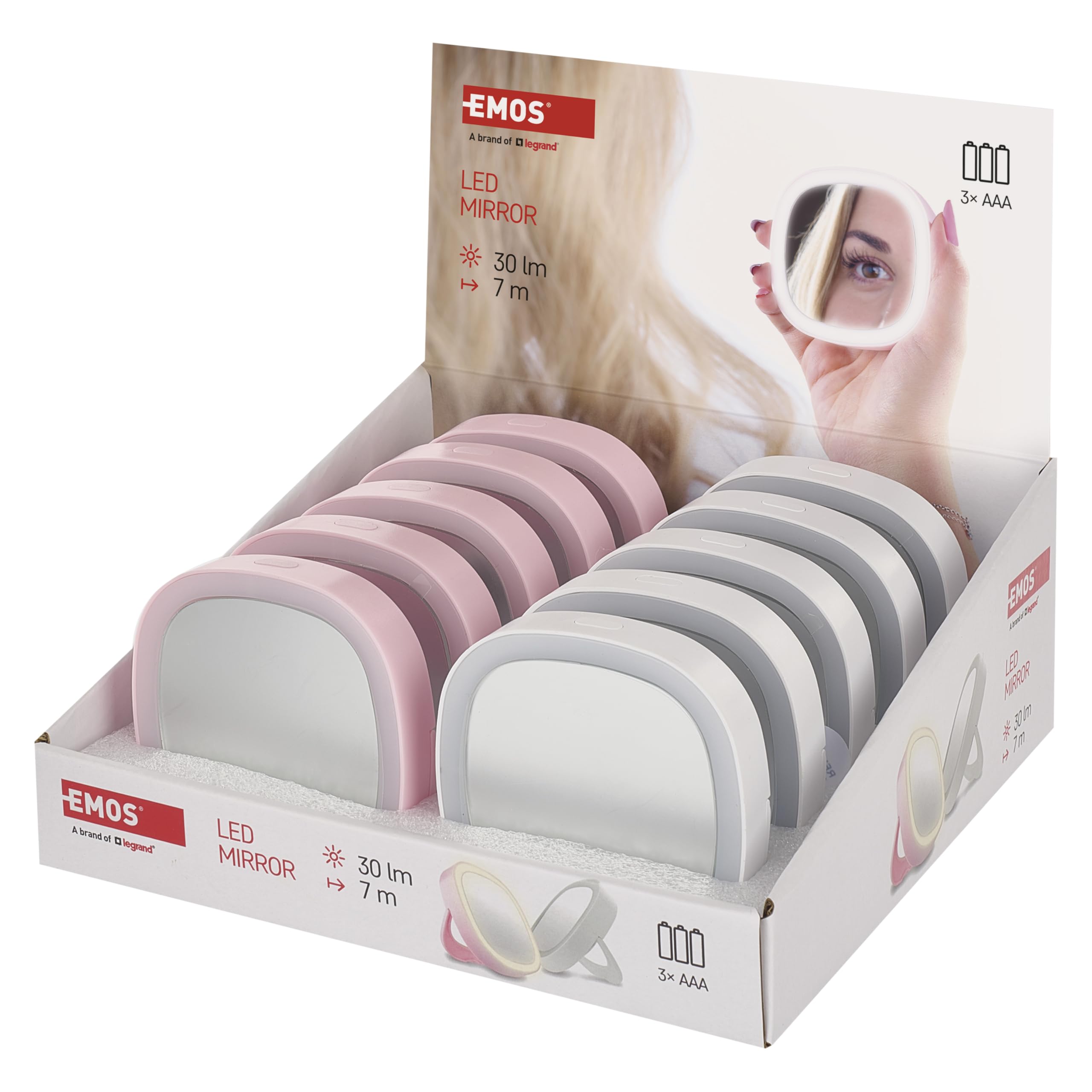 EMOS LED Taschenspiegel mit Licht, 10 Stück Kleiner Kosmetikspiegel, Handspiegel, Reisespiegel mit Ständer in 2 Farben (weiß, rosa), 2 Lichtmodi, inkl. Batterien