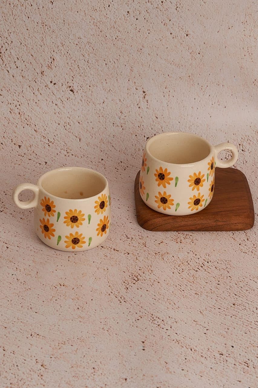 Handmade Cute Couples Kids Chai Tea Coffee Microwave Aesthetic Handpainted Cups 330 ml (Sunflower_Design_of_2)