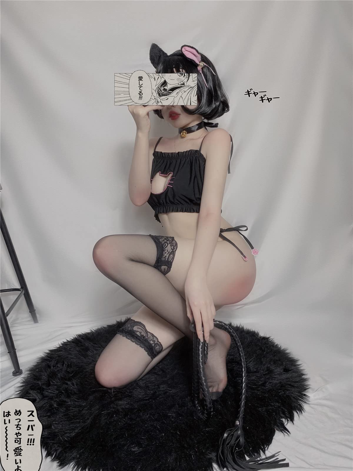 H&L Japanese Sexy&Cute Anime Cat Embroidary Sexy Lingerie Underwear Cosplay Sleepwear (Black, One Size): One Size Black