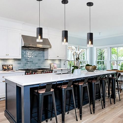 Miniatura 6 de Paquete de 2 lámparas colgantes negras, luces colgantes modernas ajustables para isla de cocina, luces colgantes de vidrio industriales para mesa de