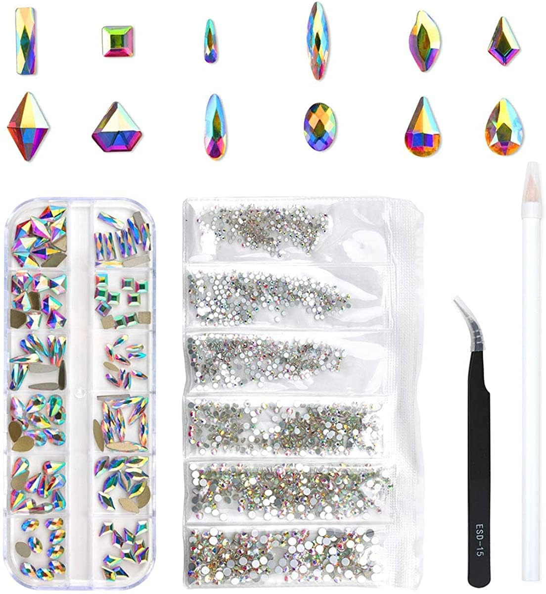 Khazna120 Pcs Multi Shapes Glass Crystal AB Rhinestones For Nail Art Craft, Shiny Colorful Nail Art Rhinestones Nail Stone Gems Design Kit