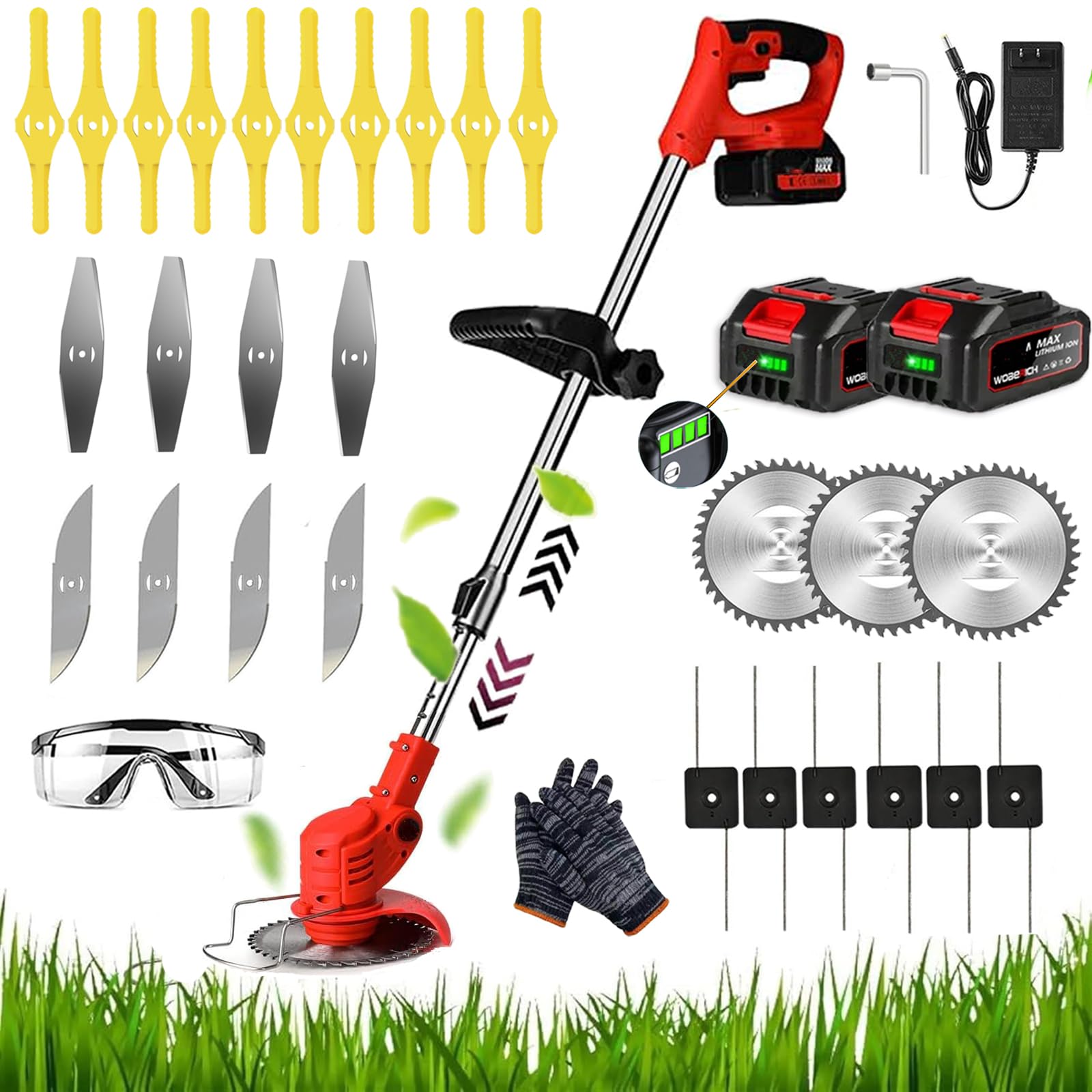 Garden Cordless Strimmer, Metal Blade Electric Grass Trimmer, Height Adjustable Grass Trimmer, Lightweight Lawn Mower,For Garden Clearing Weeds Trees,5 Types Blades