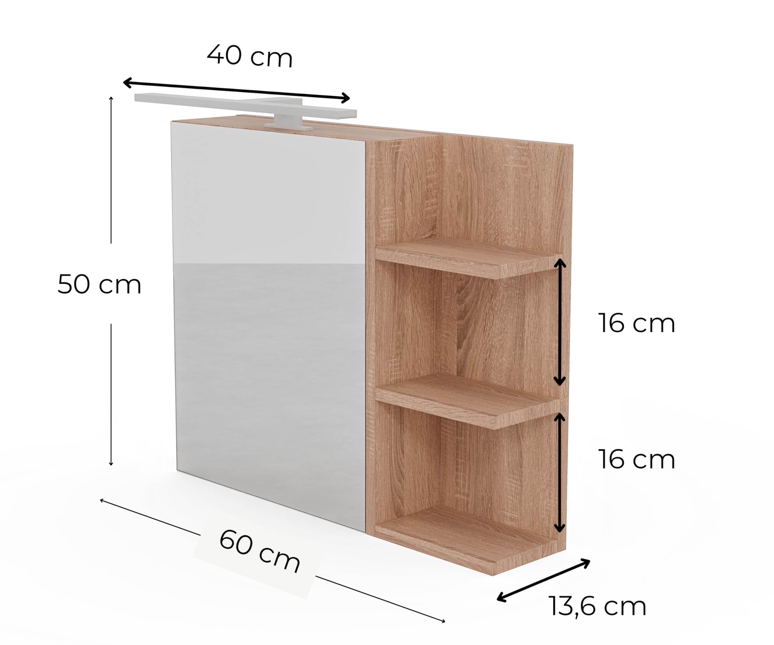 Biała Szafka Łazienkowa z Lustrem Oświetleniem LED i Półkami 60x50 cm Wisząca Jednodrzwiowa Otwieranie Bezuchwytowe Półki Prawa